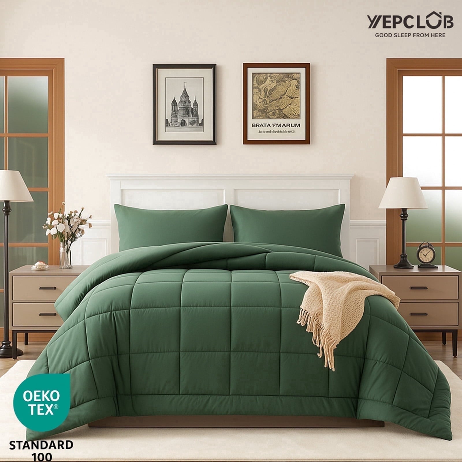 3-Piece Twin Size Comforter Set, Green Down Alternative Reversible Bedding Set, All-Season Quilted Soft Comforter wit...