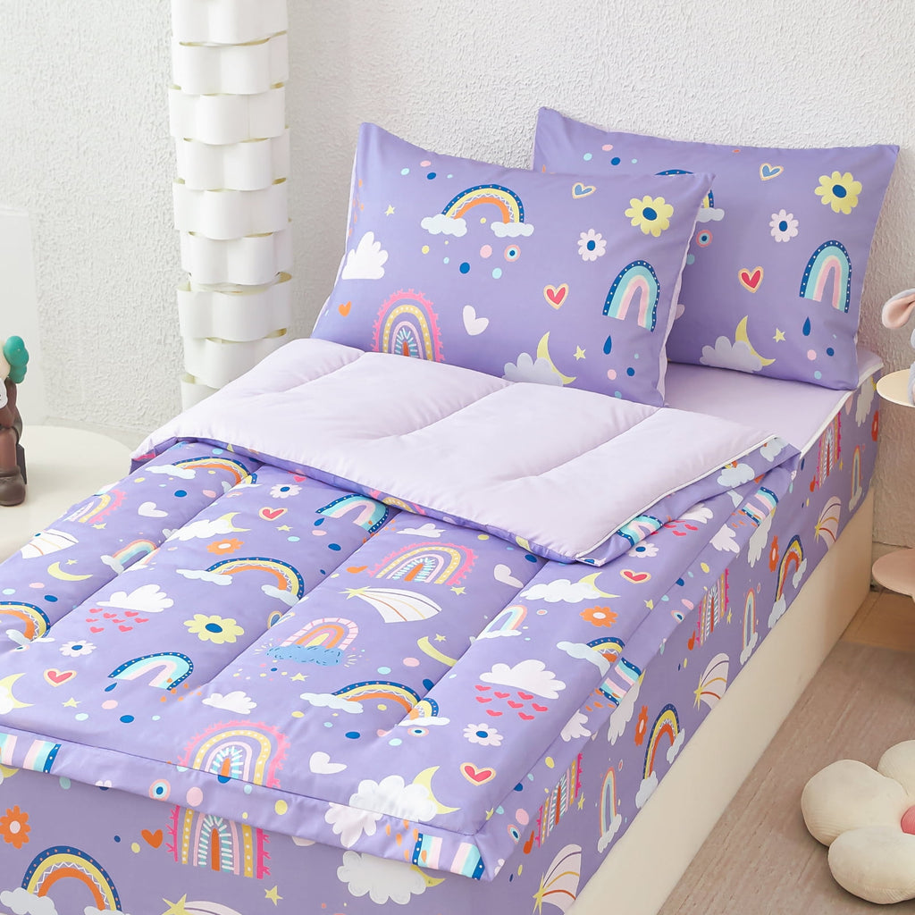 Zipper Kids Comforter Set, 3-Piece Purple Twin Bed in a Bag, Cartoon Rainbow Stars Flowers Printed Zip Up Comforter S...