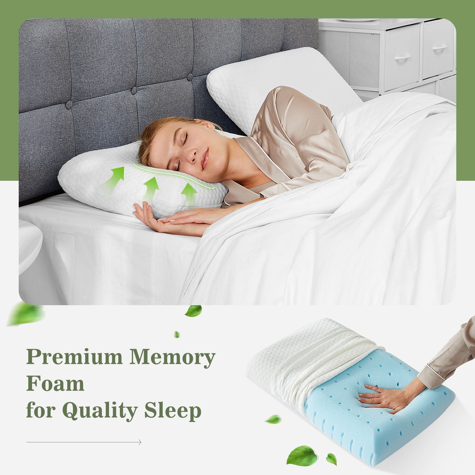 Memory Foam Pillow for Sleeping, 24"D x 16"W x 4.7"H, Soft Supportive Hotel Pillow for Bed, Washable Cover, Set of 2 - Image 4