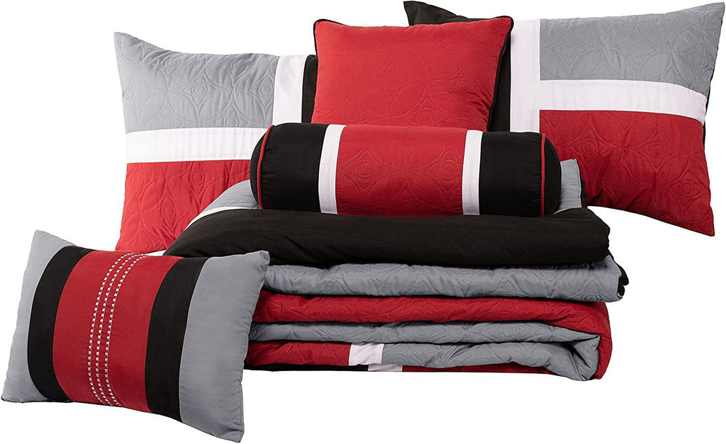 7-Piece Medallion Patchwork Comforter Set, Full, Red/Gray/Black - Image 5