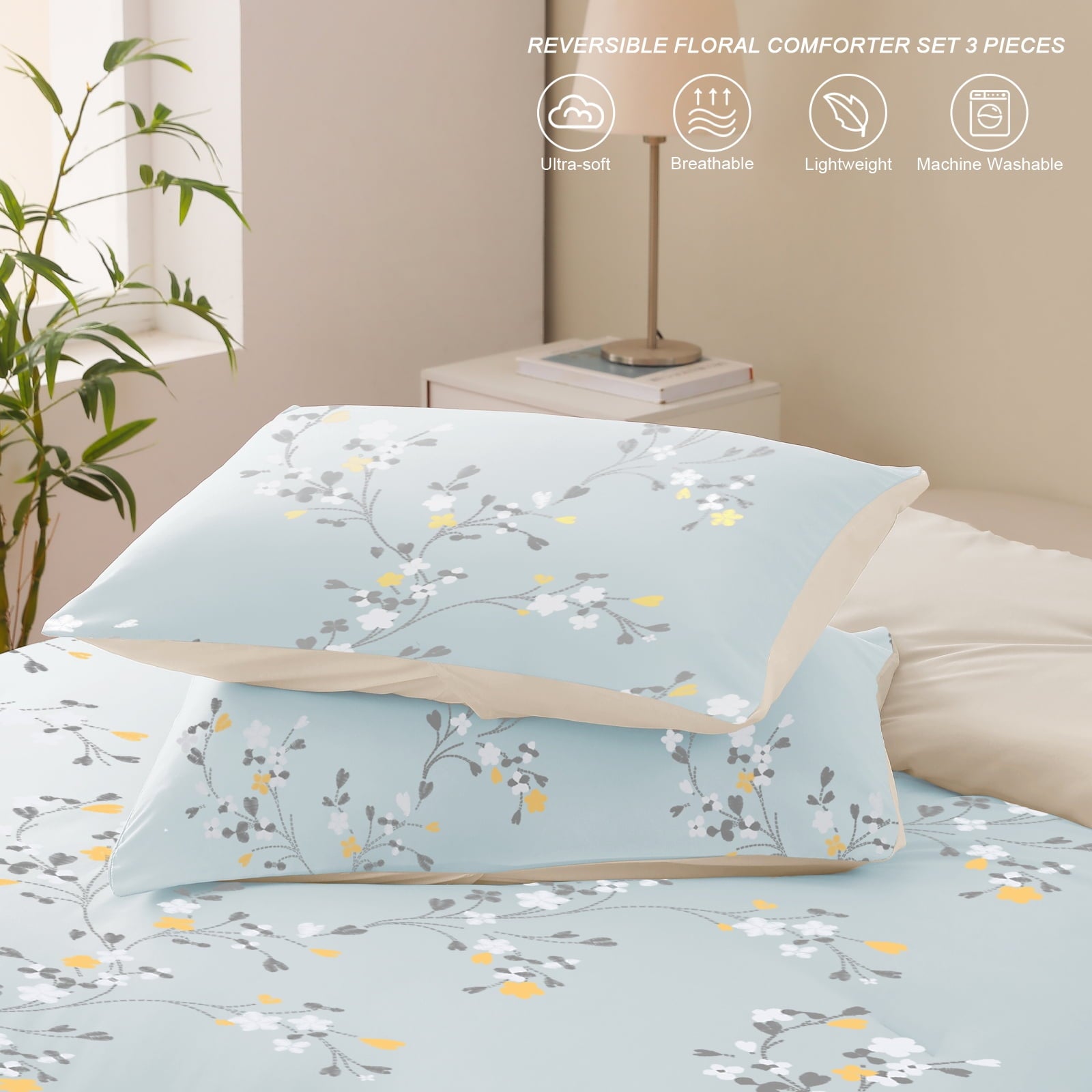 3-Piece Floral King Size Comforter Set, Microfiber Bedding Down Alternative Comforter for All Seasons with 2 Pillow S... - Image 4