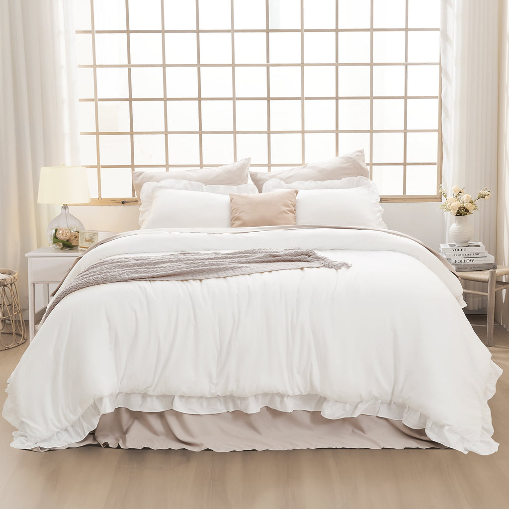 Queen Comforter Set White, 3 Pieces Soft Fluffy Farmhouse Ruffle Bedding Comforter Sets for Queen Bed, All Season Lig... - Image 3