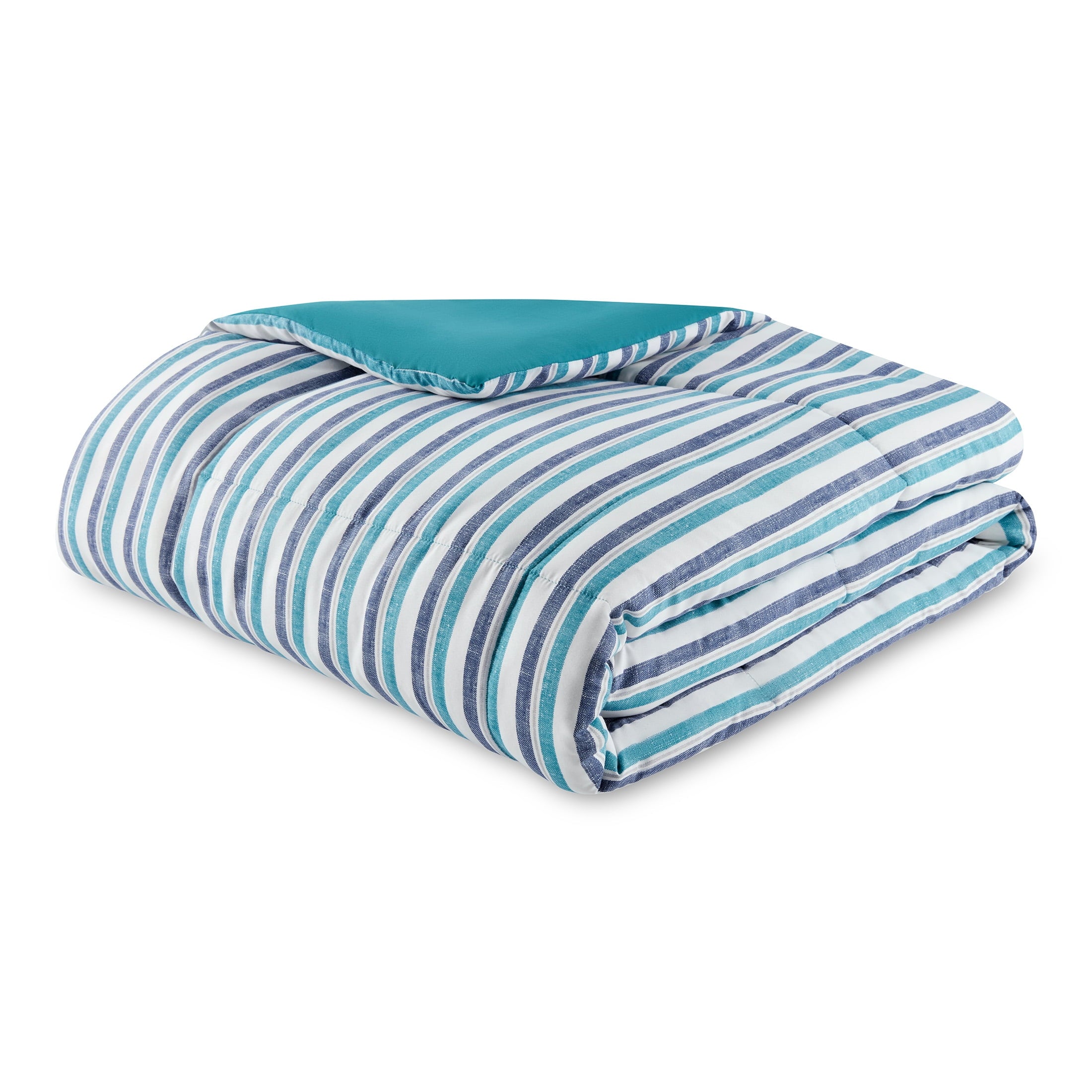 Mainstays All in One Reversible Comforter and Sheet Set- 7 Piece, Queen, Blue Pinstripe - Image 5