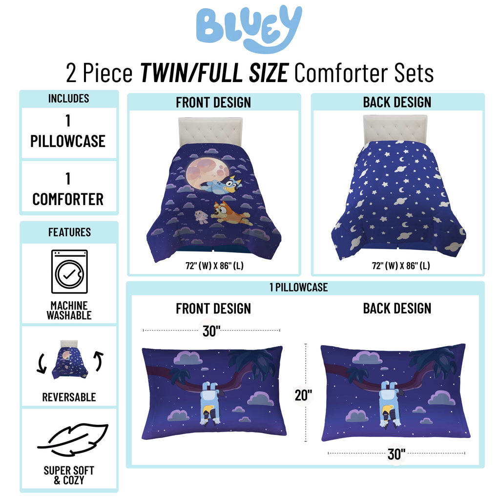 Bluey Dream Kids 2 Piece Blue Reversible Comforter and Pillowcase Bedding Set, Twin/Full - Image 3