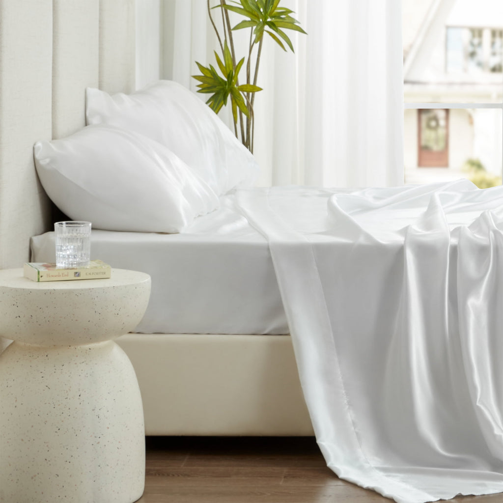 Love's cabin Satin Sheets Full Sheet Set Deep Pocket Luxury Silky Bed Sheets for Hair and Skin 4 Pieces, White - Image 4