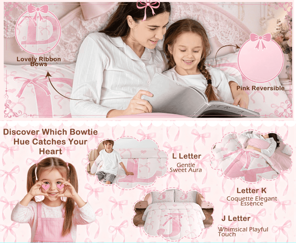 Kawaii Bowknot Bedding Sets Full with Comforter, Initial H Duvet Insert, Romantic Initial A-Z Decor, Reversible - Image 3