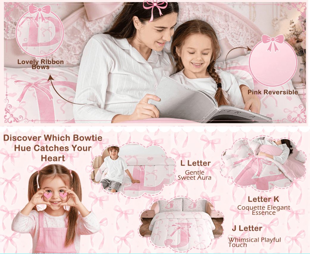 Kawaii Bowknot Bedding Sets Full with Comforter, Initial H Duvet Insert, Romantic Initial A-Z Decor, Reversible - Image 3
