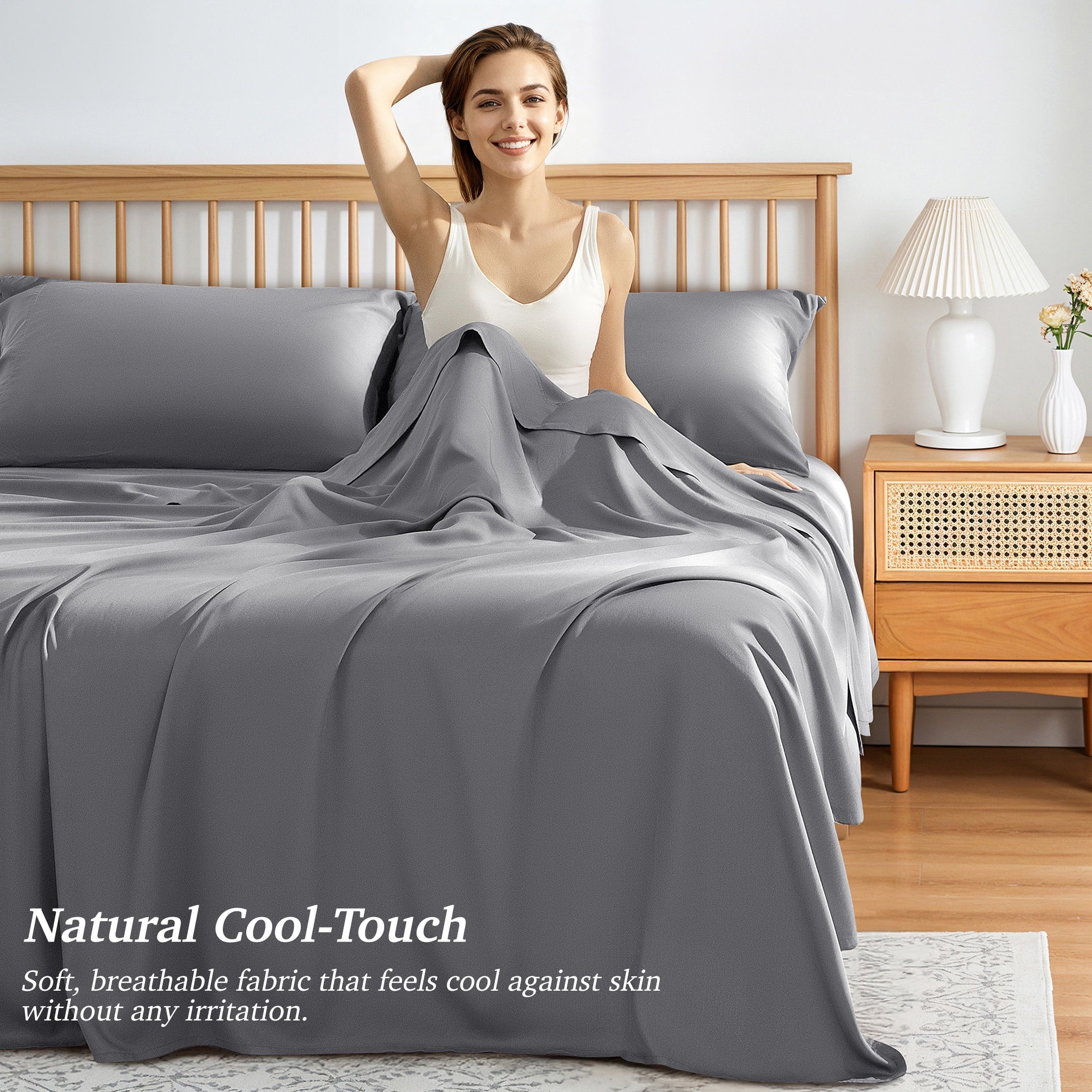 Bamboo Queen Sheet Set, Luxury Soft 4 Pieces Bed Sheets with 18" Deep Pocket, Gray - Image 2