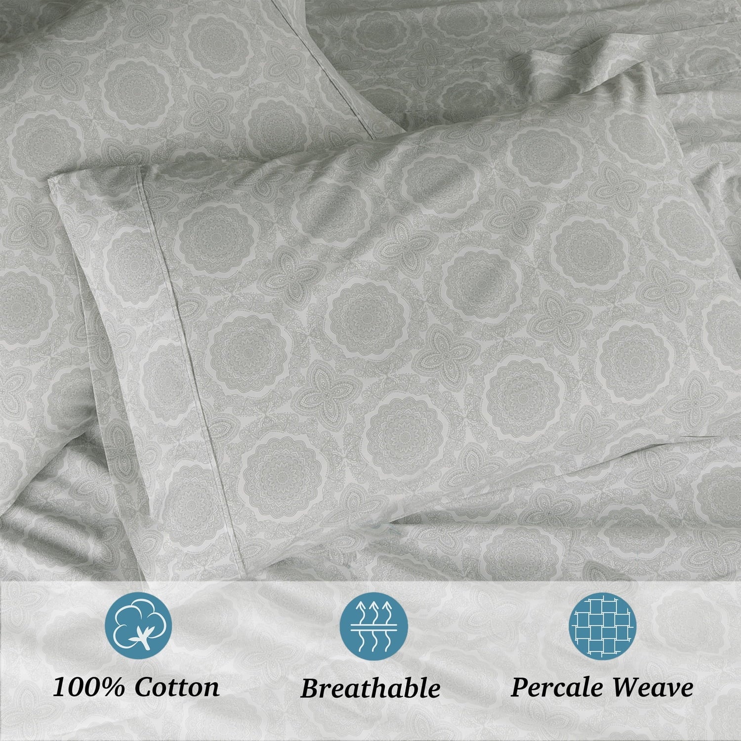 100% Cotton Queen Sheets Set, 4 Piece Bed Sheets Set with HeiQ Fresh, Percale Weave, Hotel Luxury, Ultra Soft Sheets ... - Image 4