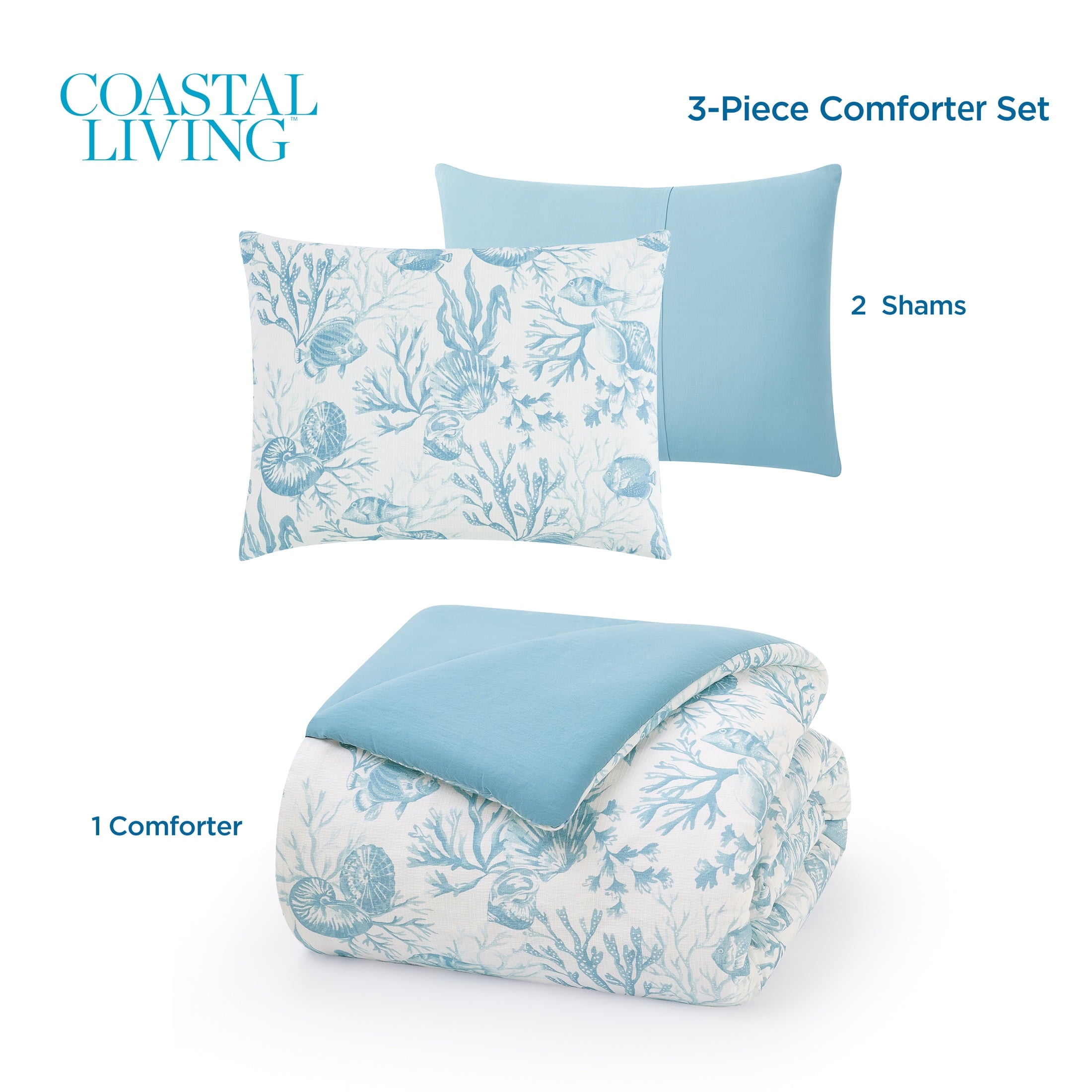 3-Piece Lightweight 100% Cotton Blue & White Ocean Print Comforter Set, Full/Queen - Image 4