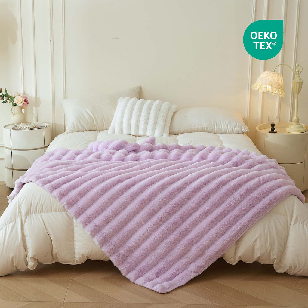 Fluffy Faux Rabbit Fur Throw, Cozy Wide Stripe Plush Fuzzy Blanket for Bed Couch Sofa Chair, Light Purple Shaggy Thro... - Image 4
