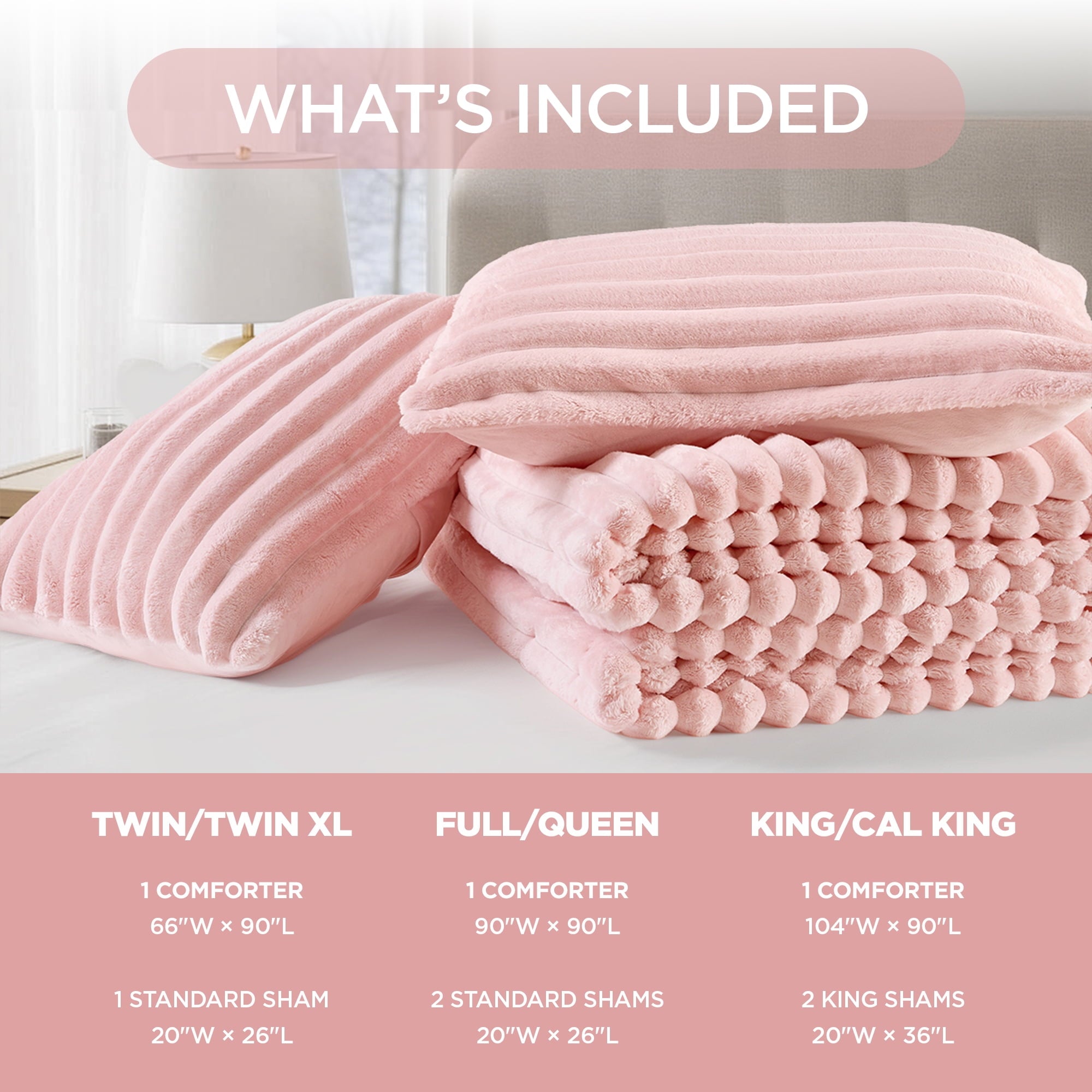 Full/Queen Size Comforter Set, Fluffy Ribbed Plush Comforter Set, 3-Piece Bedding Set, Pink - Image 6