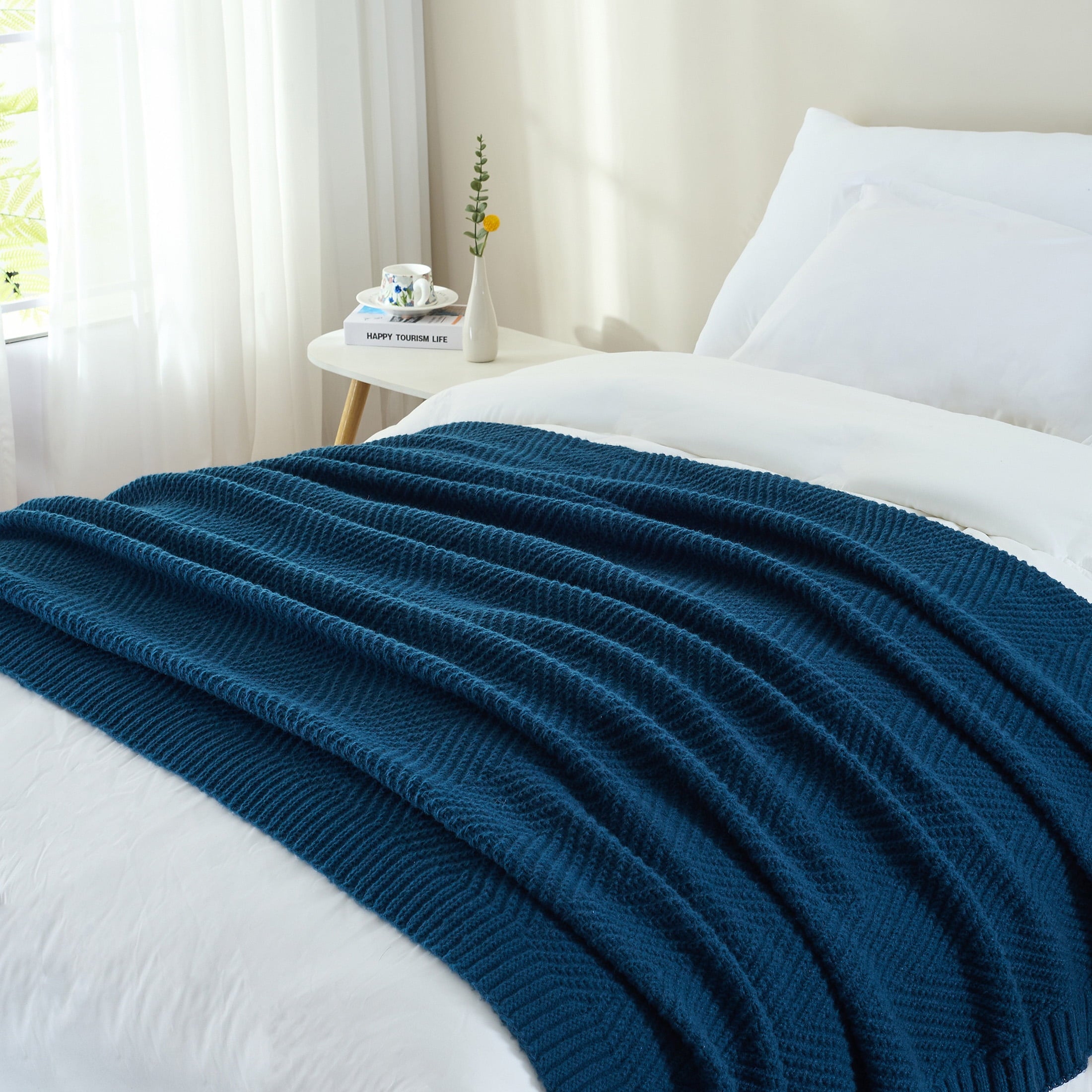 Soft Knitted Throw Blanket 50" x 60" Navy Blue, Boho Chevron Farmhouse Throw for Bed Couch - Image 2