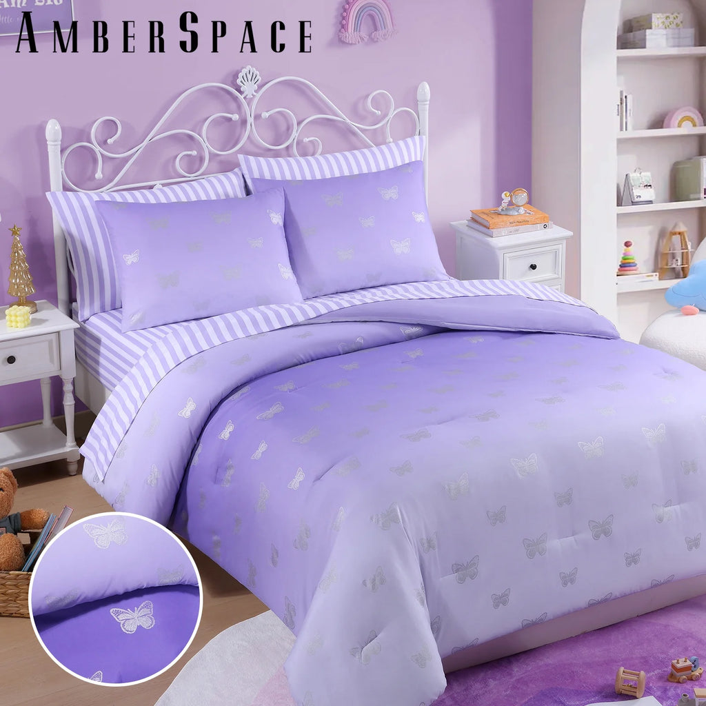 gold foil Design 7-piece Bed in a Bag Comforter Set with Sheets,Purple/Silver Butterflies,Full - Image 5