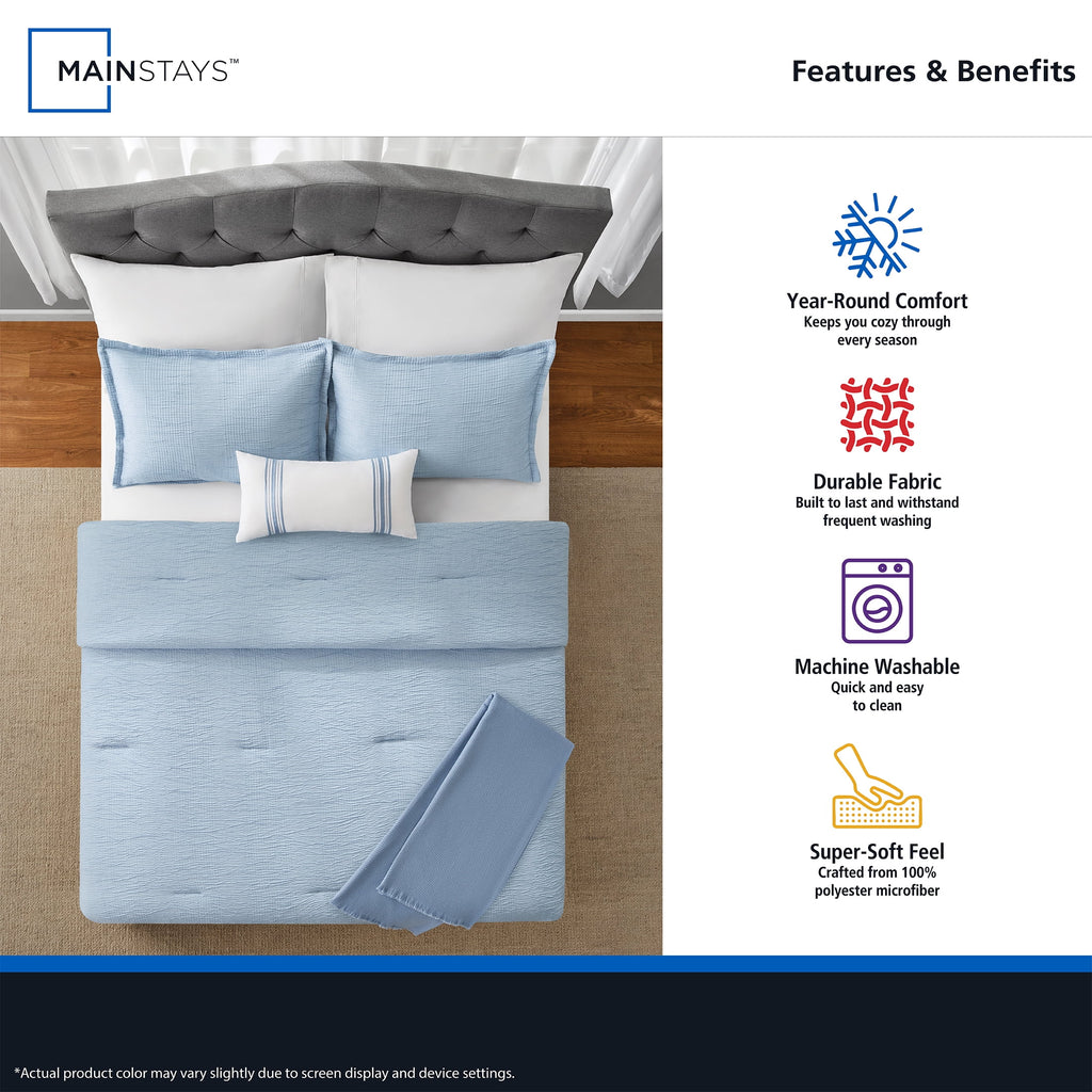 Full/Queen Comforter Set, All-Season, 5-Piece, Blue Matelasse Tonal Stripe - Image 4