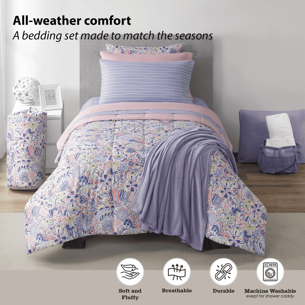14pc College Dorm Essentials Bundle, Twin-XL, Reversible Bed in a Bag Comforter Set, Purple Floral - Image 3