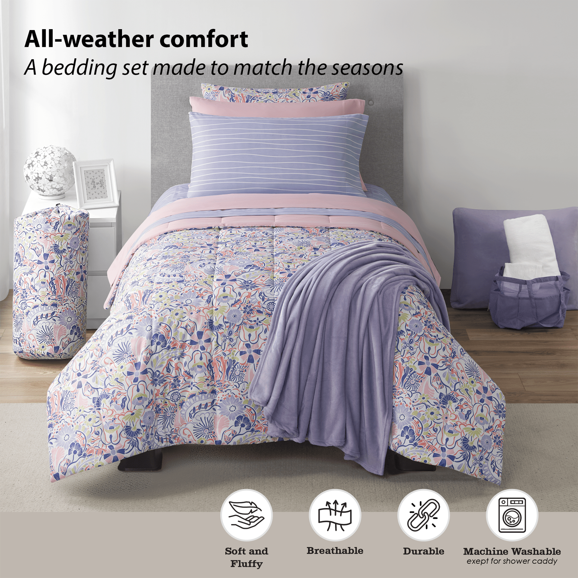 14pc College Dorm Essentials Bundle, Twin-XL, Reversible Bed in a Bag Comforter Set, Purple Floral - Image 3