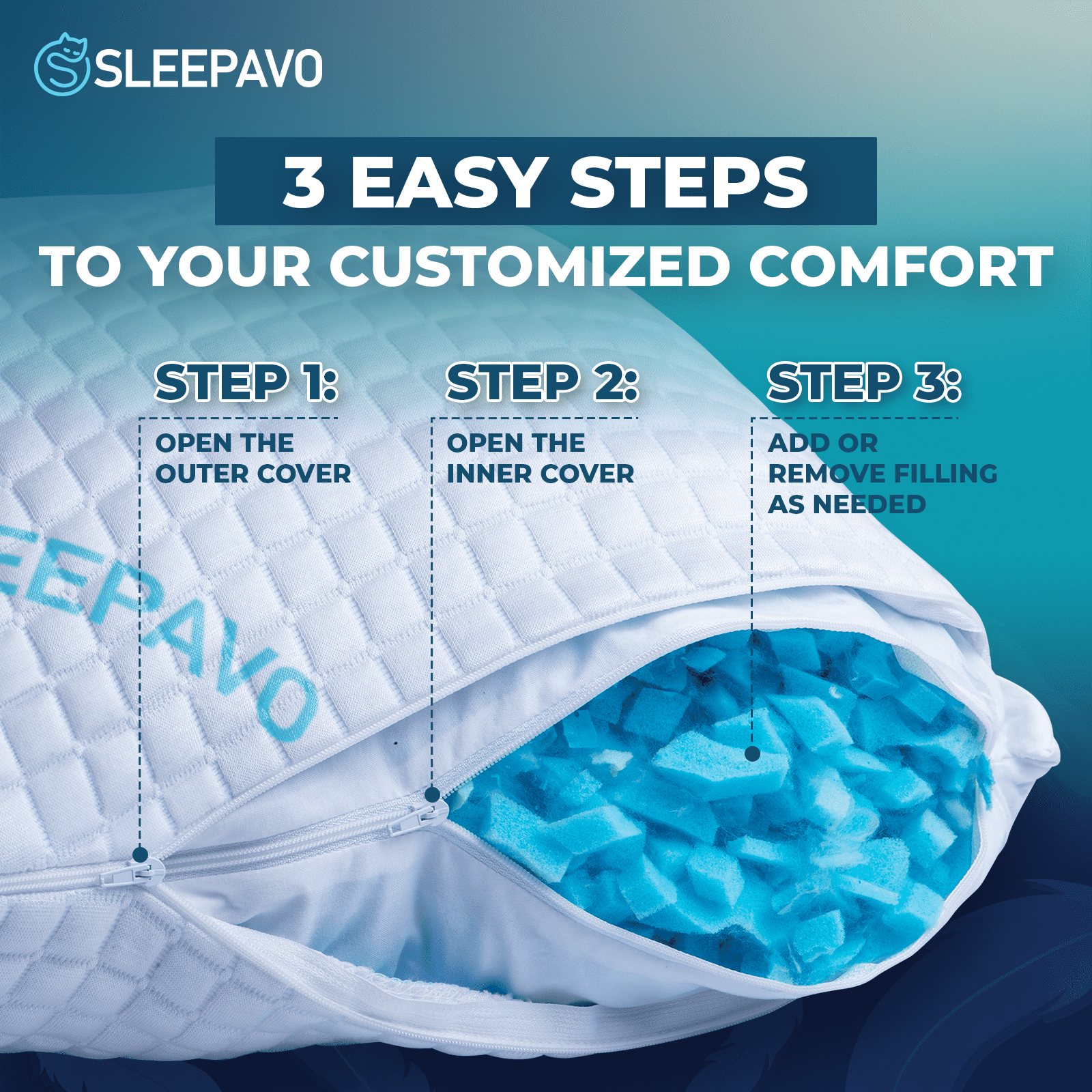 Adjustable Shredded Memory Foam Pillows Queen Size Set of 2 - Extra Soft Cooling Bamboo Bed Pillows for Sleeping - Ba... - Image 2