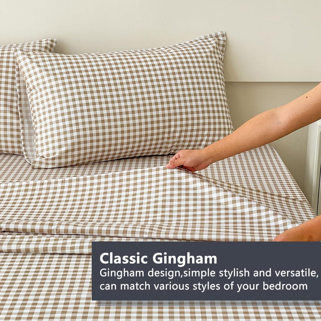 Sheet Set, Soft Brushed Microfiber Taupe Plaid Sheets, 4-Piece Brown Grid Set with Deep Pocket - Image 5