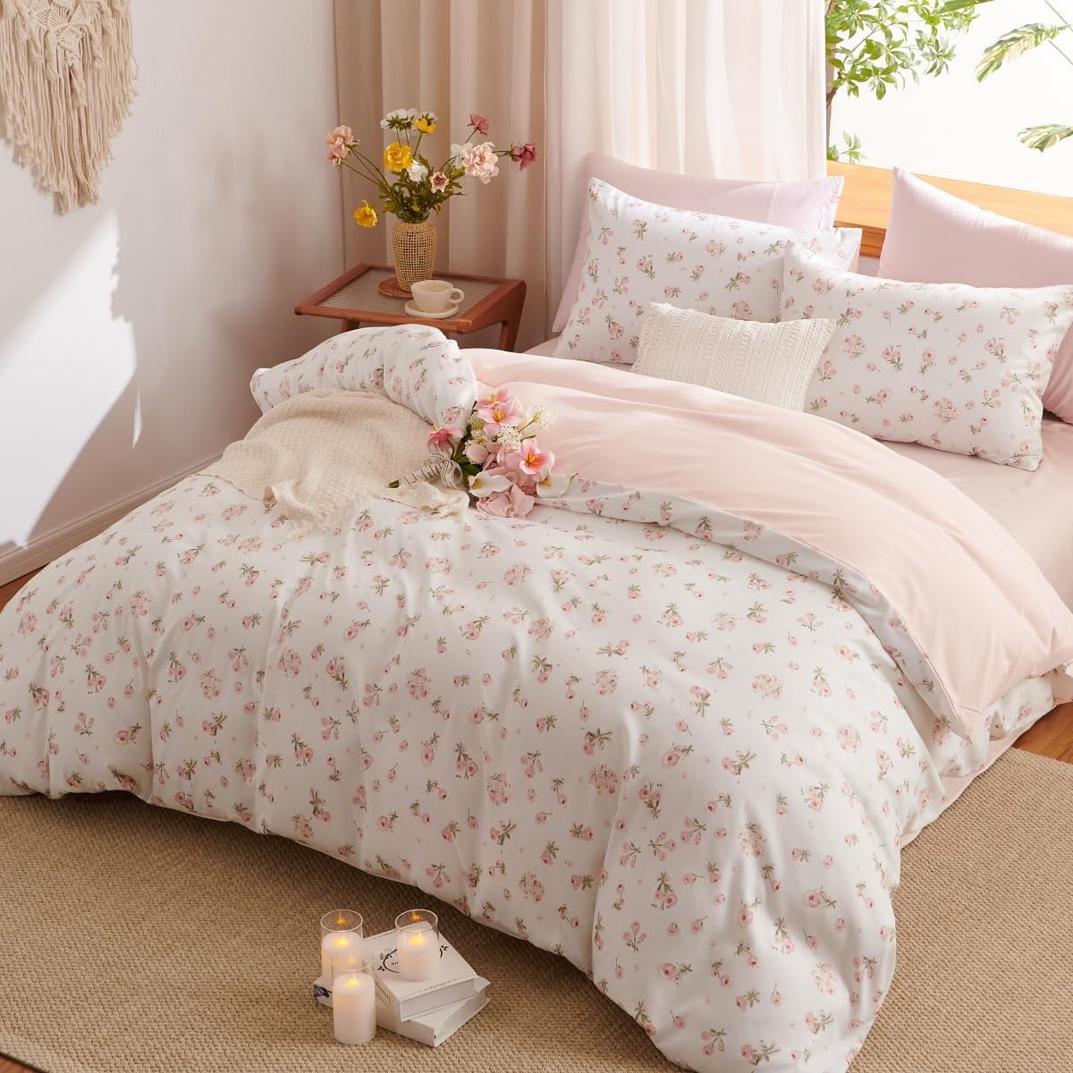 Pink loyalty Floral Comforter Queen Sets, 3 Pieces Chic Botanical Pink White Floral Reversible Comforter for All Season - Image 3