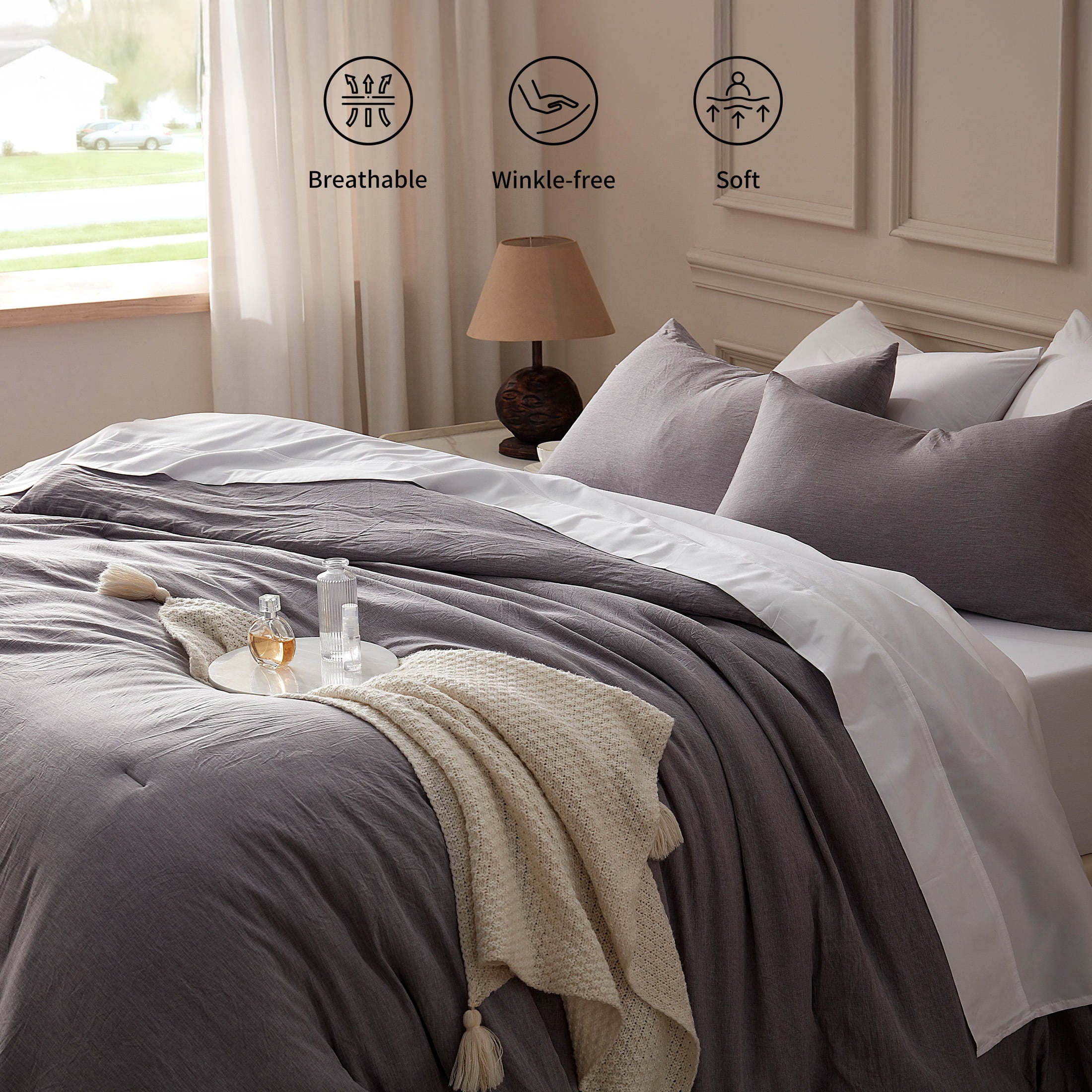 Washed Comforter Set Full Size - 3 Pieces Soft Luxury Cationic Dyeing Bedding Sets, Linen-Like Texture Breathable Wri... - Image 3