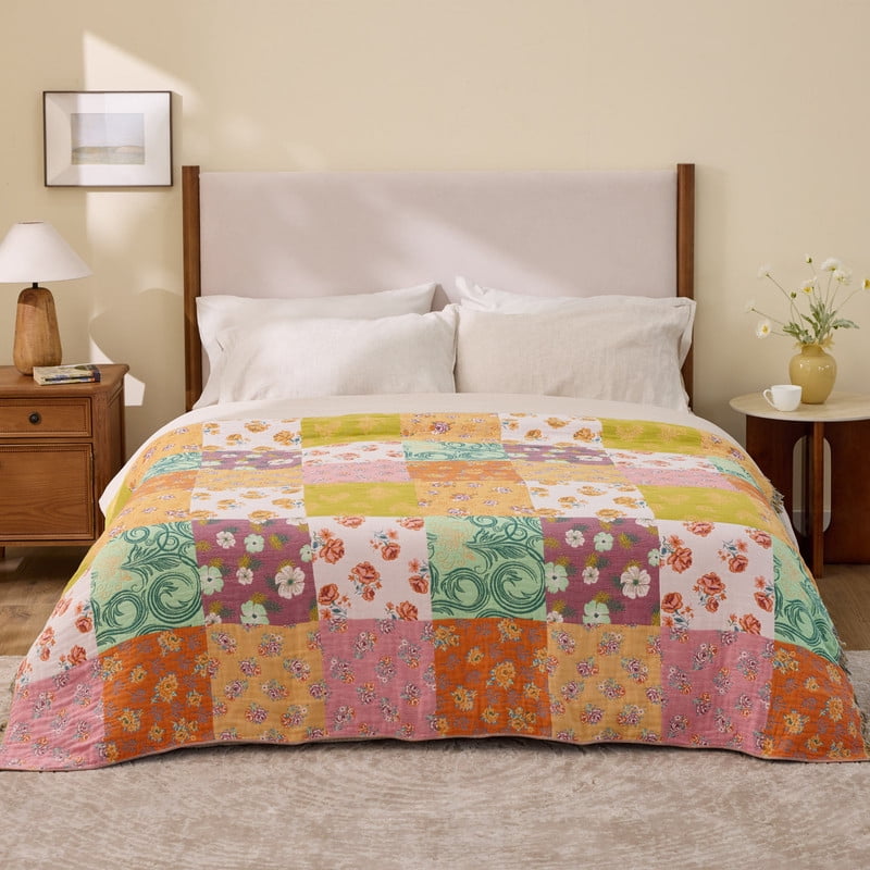 100% Cotton Boho Blankets for Home Decor – Colorful Patchwork Reversible Farmhouse Quilt Bedding, Vintage Woven Decor... - Image 4