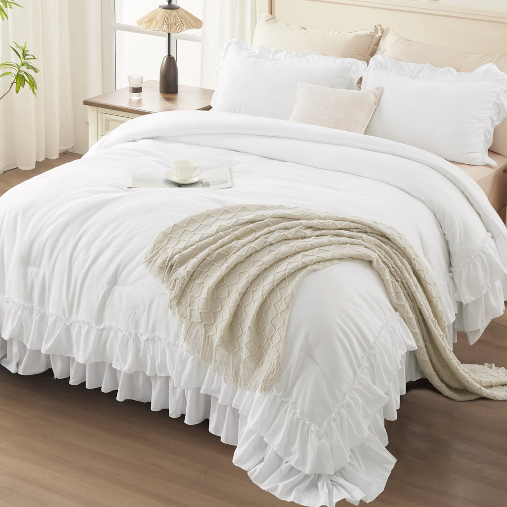 Queen Comforter Set White - 3 Pieces Soft Fluffy Ruffle Bedding Comforter Sets for Queen Bed, All Season Farmhouse Li... - Image 2