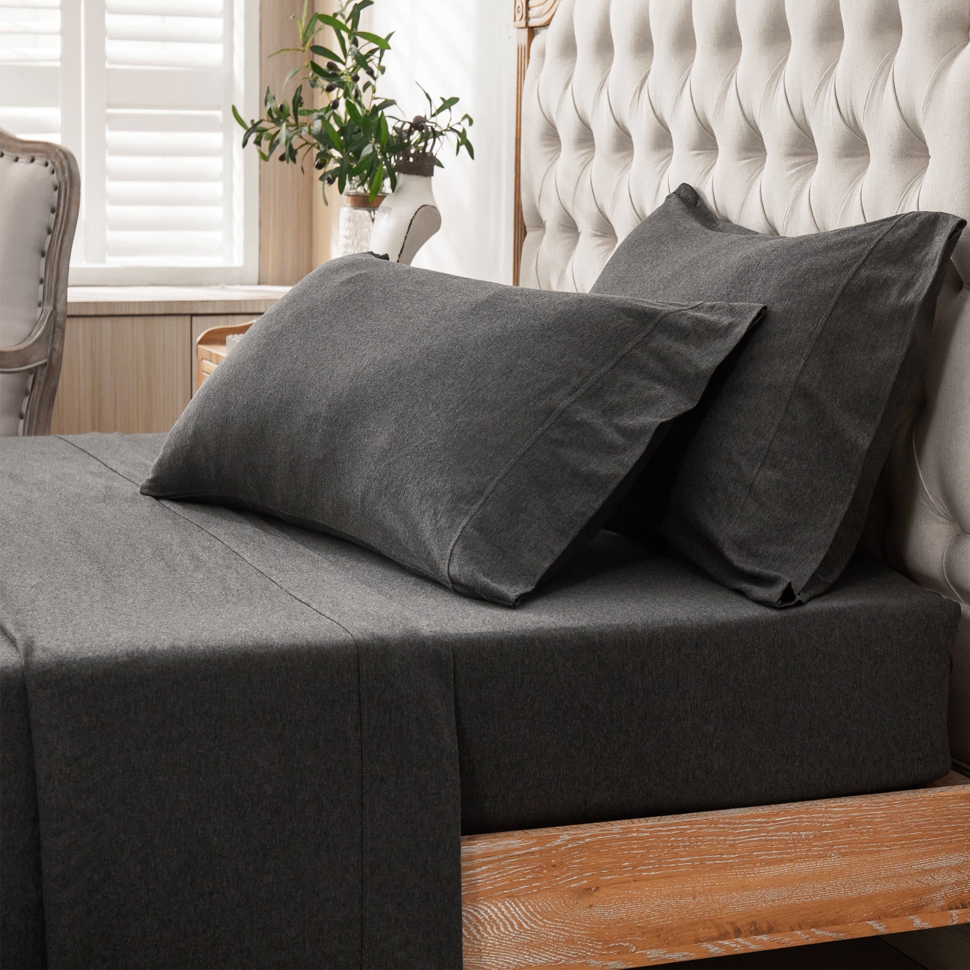 100% Cotton Jersey Knit 4pc Bed Sheet Set Extra Deep Pocket up to 20" Charcoal Gray Queen - Image 4