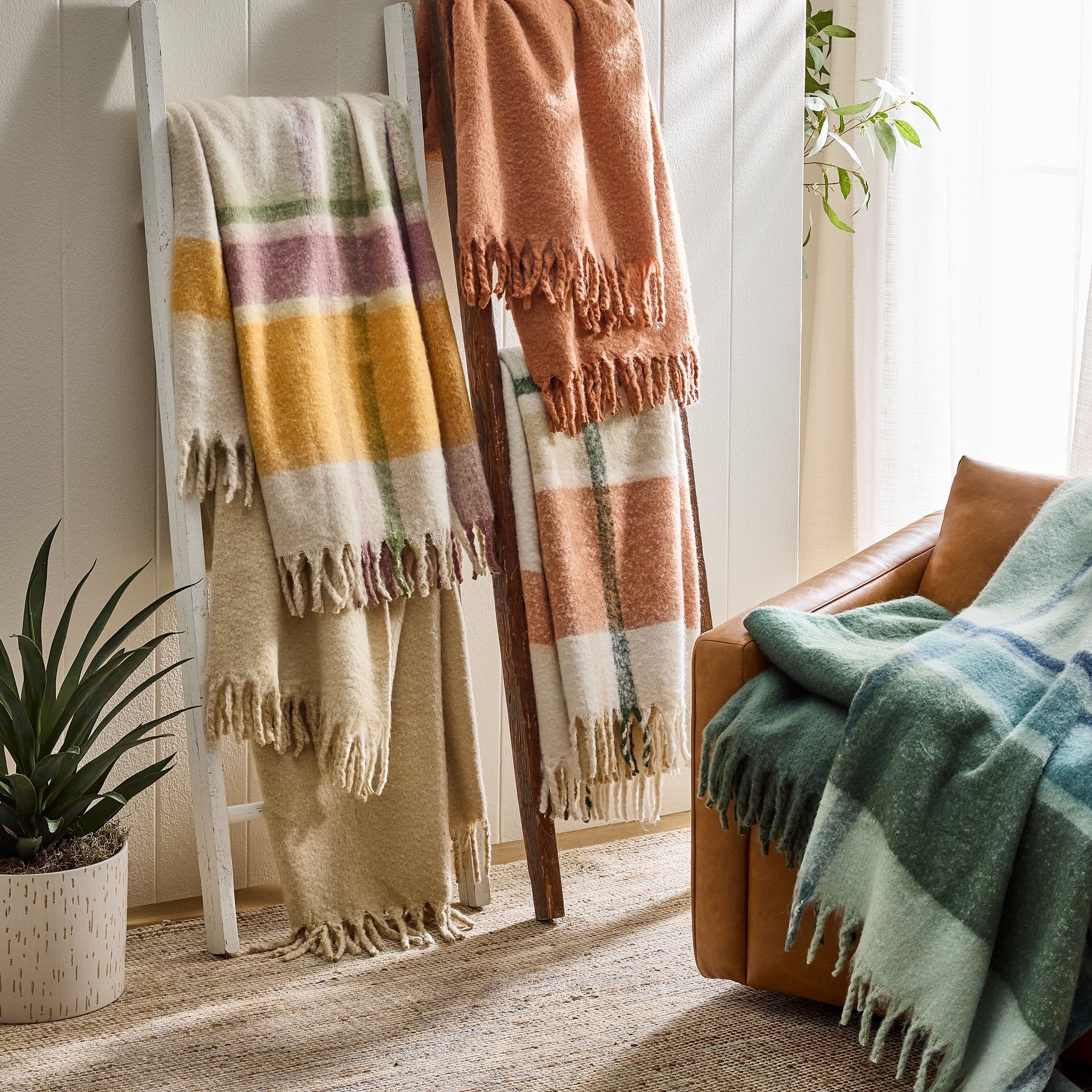 Faux Mohair Cozy Couch Throw Blanket Green Plaid, 50x72" - Image 5