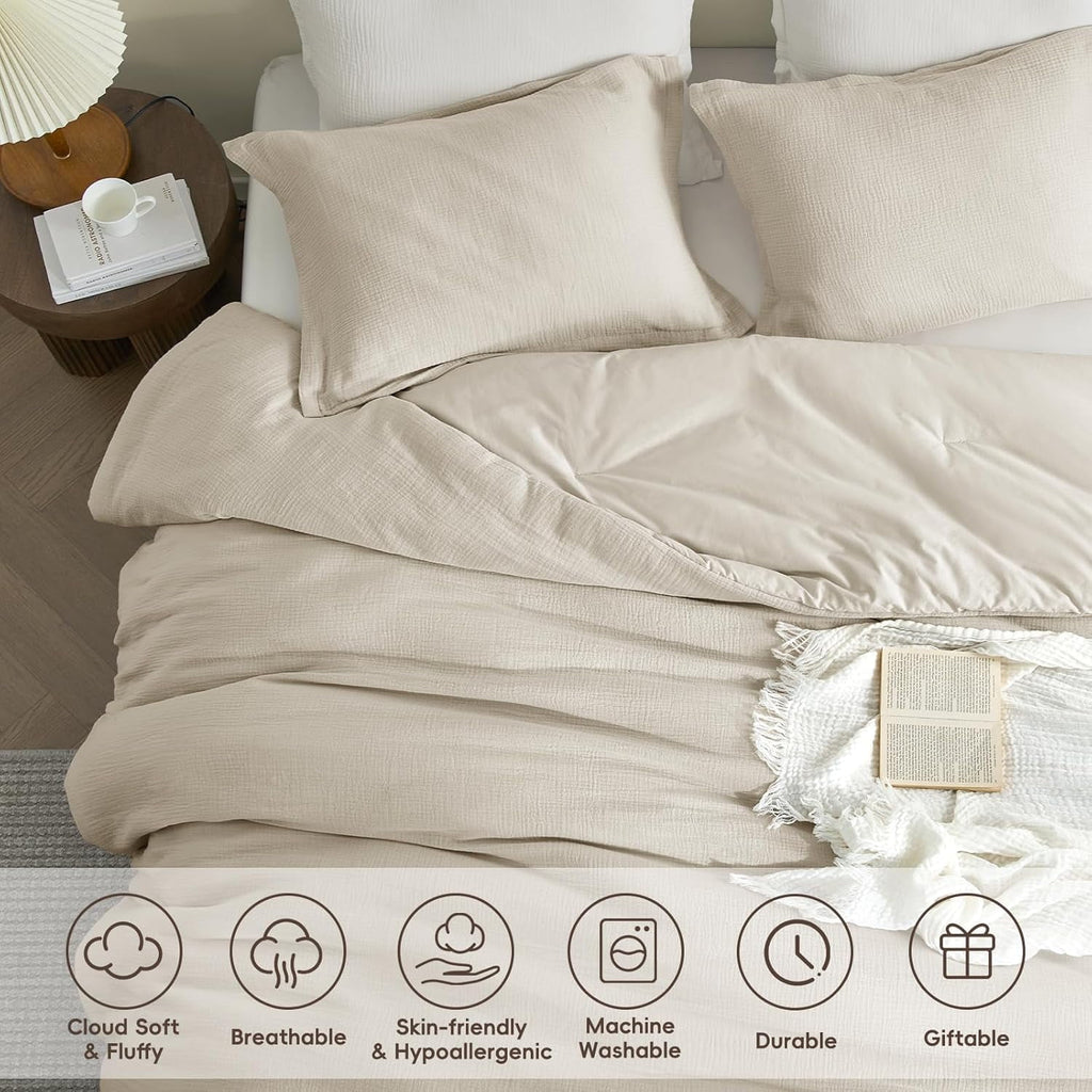 PHF Cotton Muslin Comforter Set Queen Size, Ultra Soft Breathable & Lightweight Bedding Set for All Seasons, 1 Comfy Comforter 90"x90", 2 Pi - Image 3