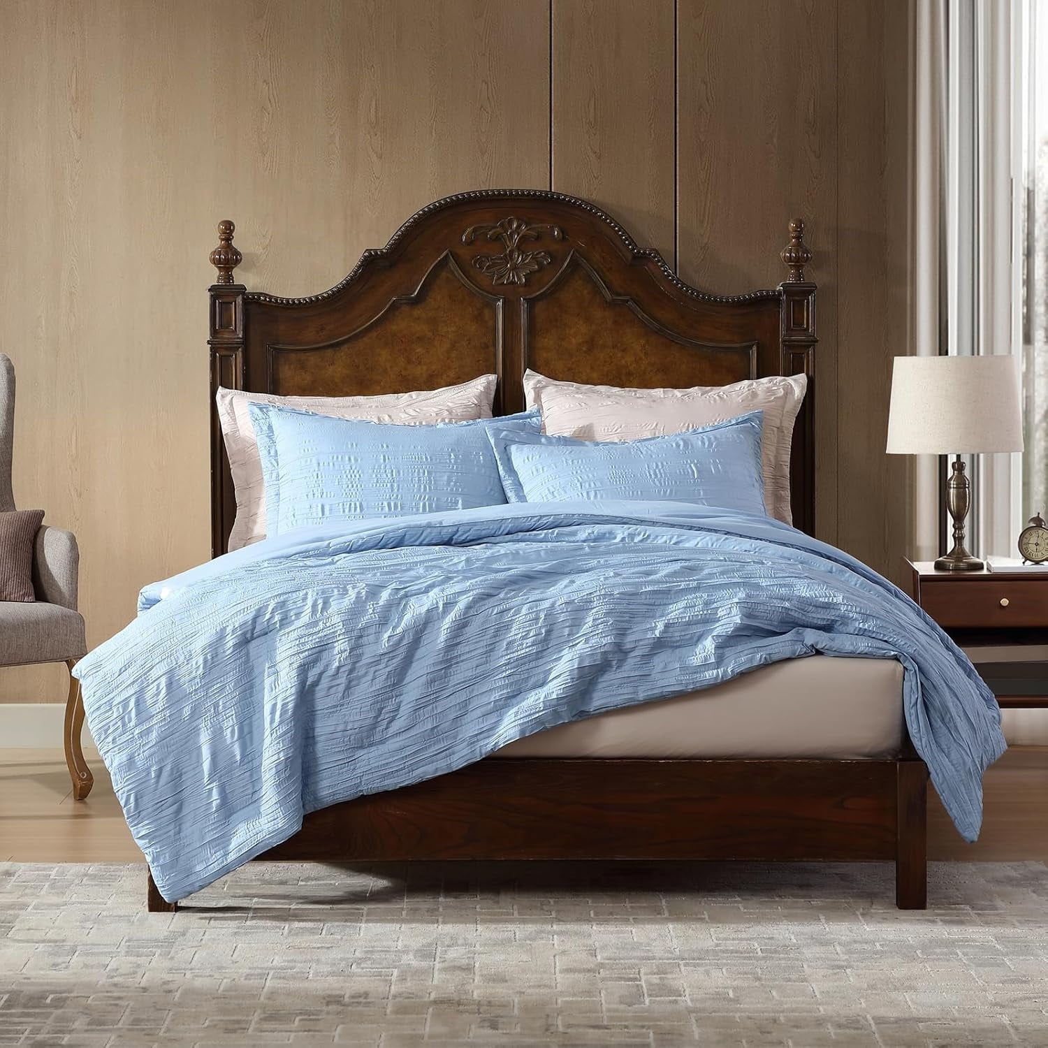 Queen Comforter Set Chambray Blue, 3 Pieces Comforter Set, All Season Lightweight Soft Embossed Bedding (86" x 88" Co... - Image 5