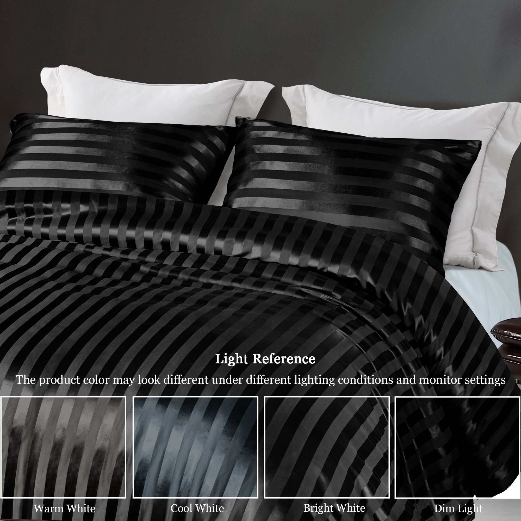 3-Piece Reversible Silky Soft King Size Comforter Set, Luxury Stripe Satin Oversized Comforter Bedding Set with 2 Sat... - Image 3