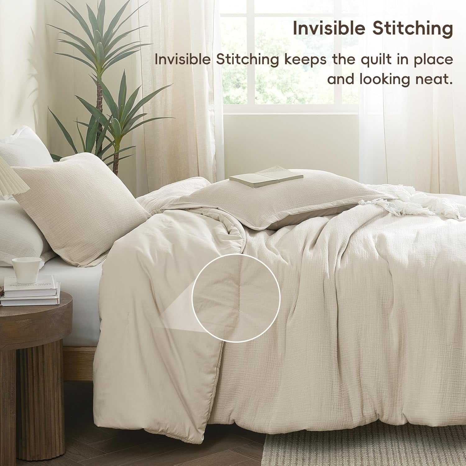 PHF Cotton Muslin Comforter Set Queen Size, Ultra Soft Breathable & Lightweight Bedding Set for All Seasons, 1 Comfy Comforter 90"x90", 2 Pi - Image 2