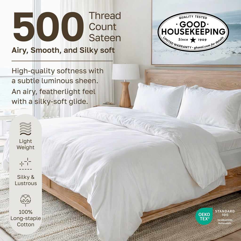 500-Thread-Count 100% Cotton Sheet White Queen-Sheets Set, 4-Piece Extra Long-Staple Combed Cotton Bedding Sheets for... - Image 3