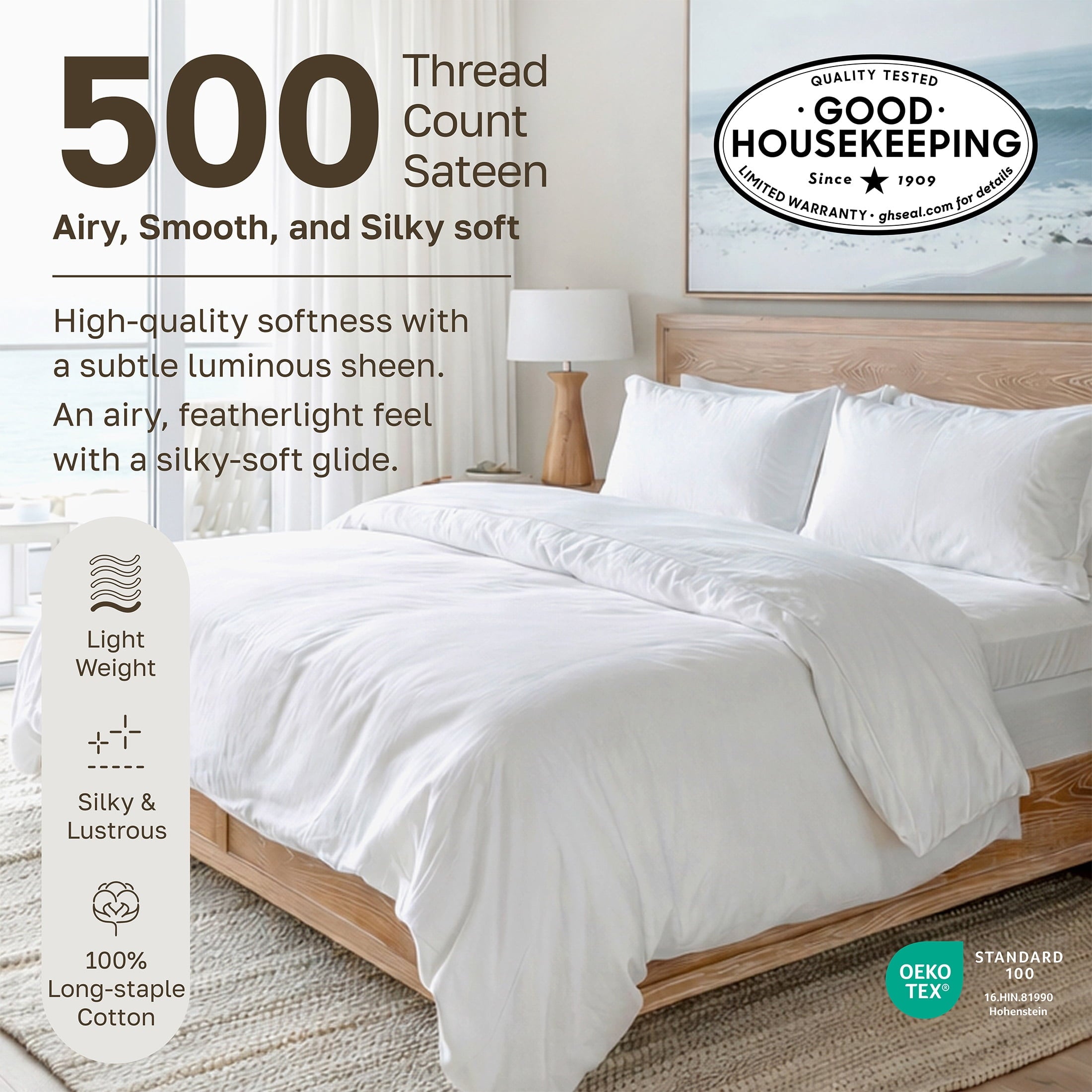 500-Thread-Count 100% Cotton Sheet White Queen-Sheets Set, 4-Piece Extra Long-Staple Combed Cotton Bedding Sheets for... - Image 3