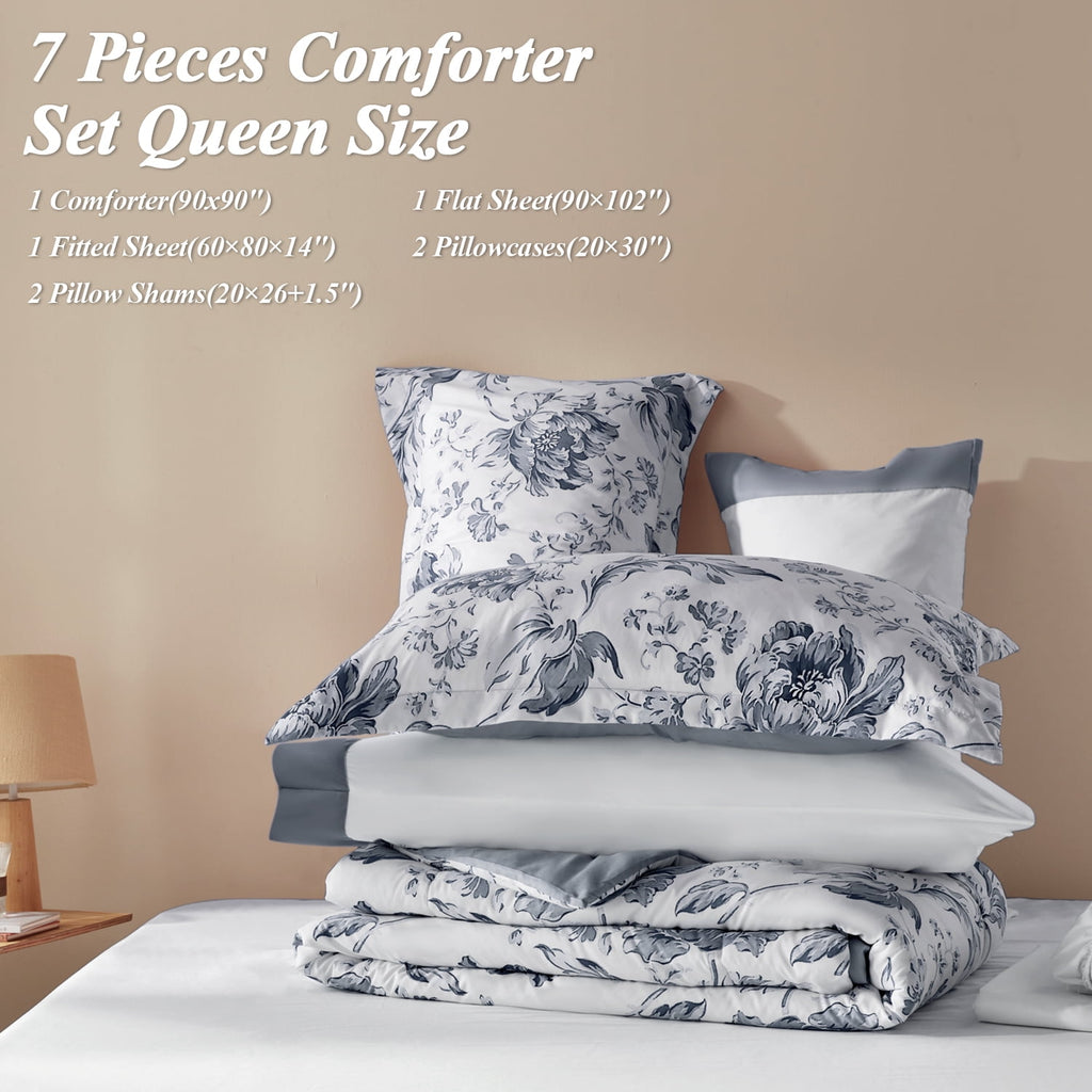 Queen Comforter Sets,7-Pieces Reversible Bedding Sets,Bed in a Bag with Comforter,Flat Sheet and Fitted Sheet,Pillowc... - Image 4
