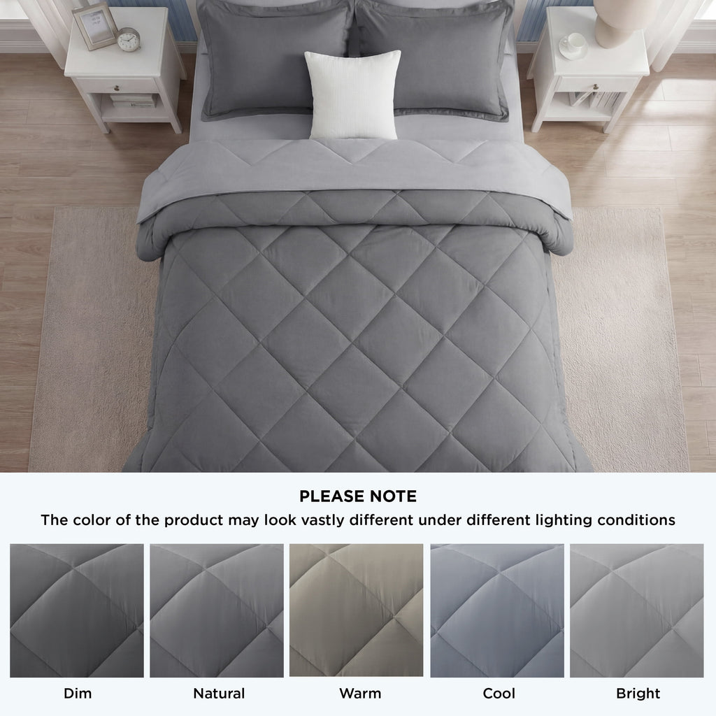 Queen Reversible Comforter Set - 7 Pieces Grey Bedding, Bed in a Bag with Alternative Comforter, Sheets, Pillowcases ... - Image 5