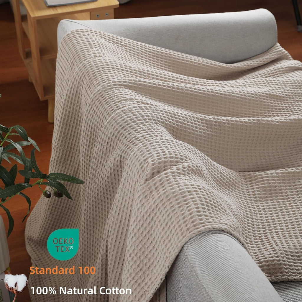 Shunjie.Home 100% Cotton Waffle Bed Blanket King Size, Throw Blanket for Couch All Seasons (Beige, 104x90) - Image 3