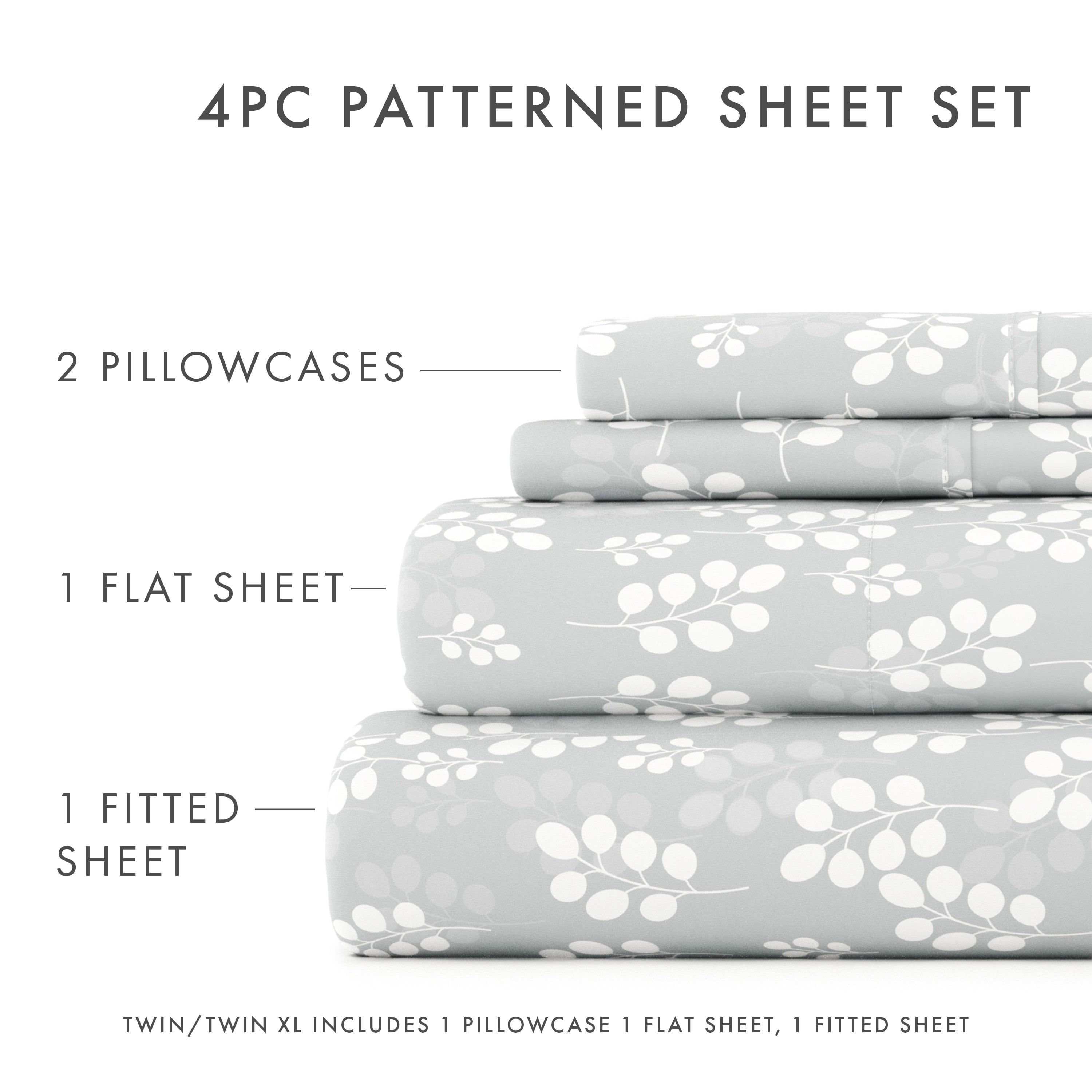 4 Piece Pattern Microfiber Bed Sheets Set, Gray Wheat, Full - Image 3