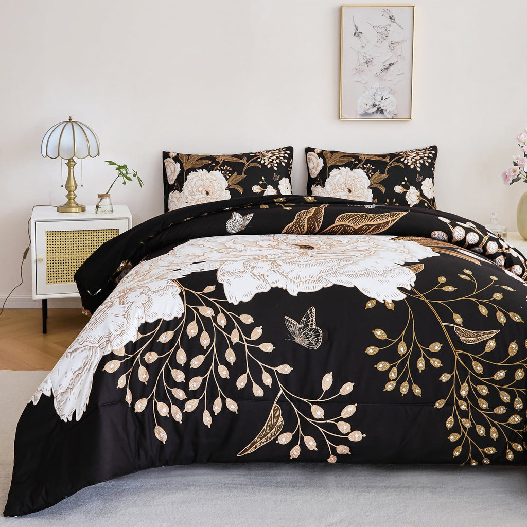 Black Floral Comforter Set Queen, Printed Comforter White Flowers Butterfly Bedding Set, 3 Pieces Botanical Reversibl... - Image 6