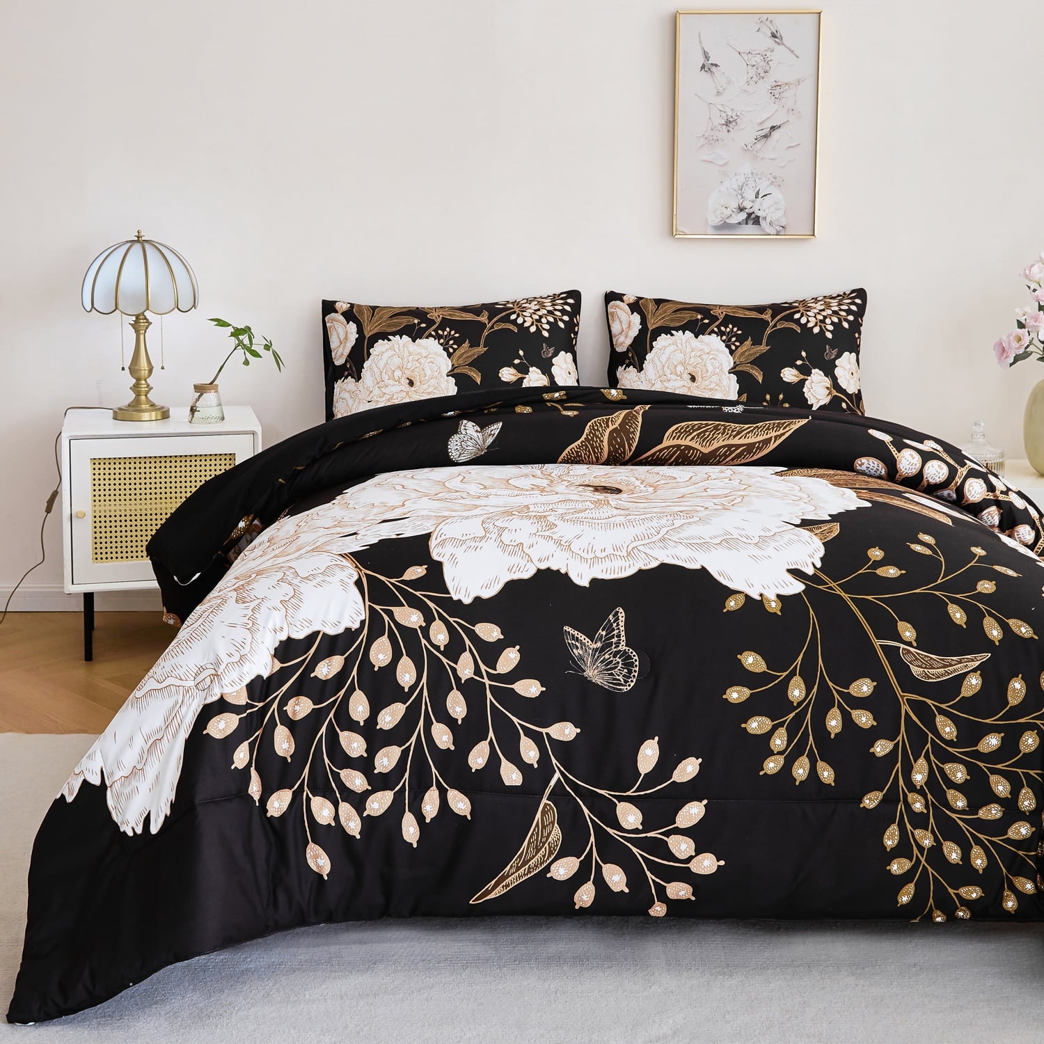 Black Floral Comforter Set Queen, Printed Comforter White Flowers Butterfly Bedding Set, 3 Pieces Botanical Reversibl... - Image 6
