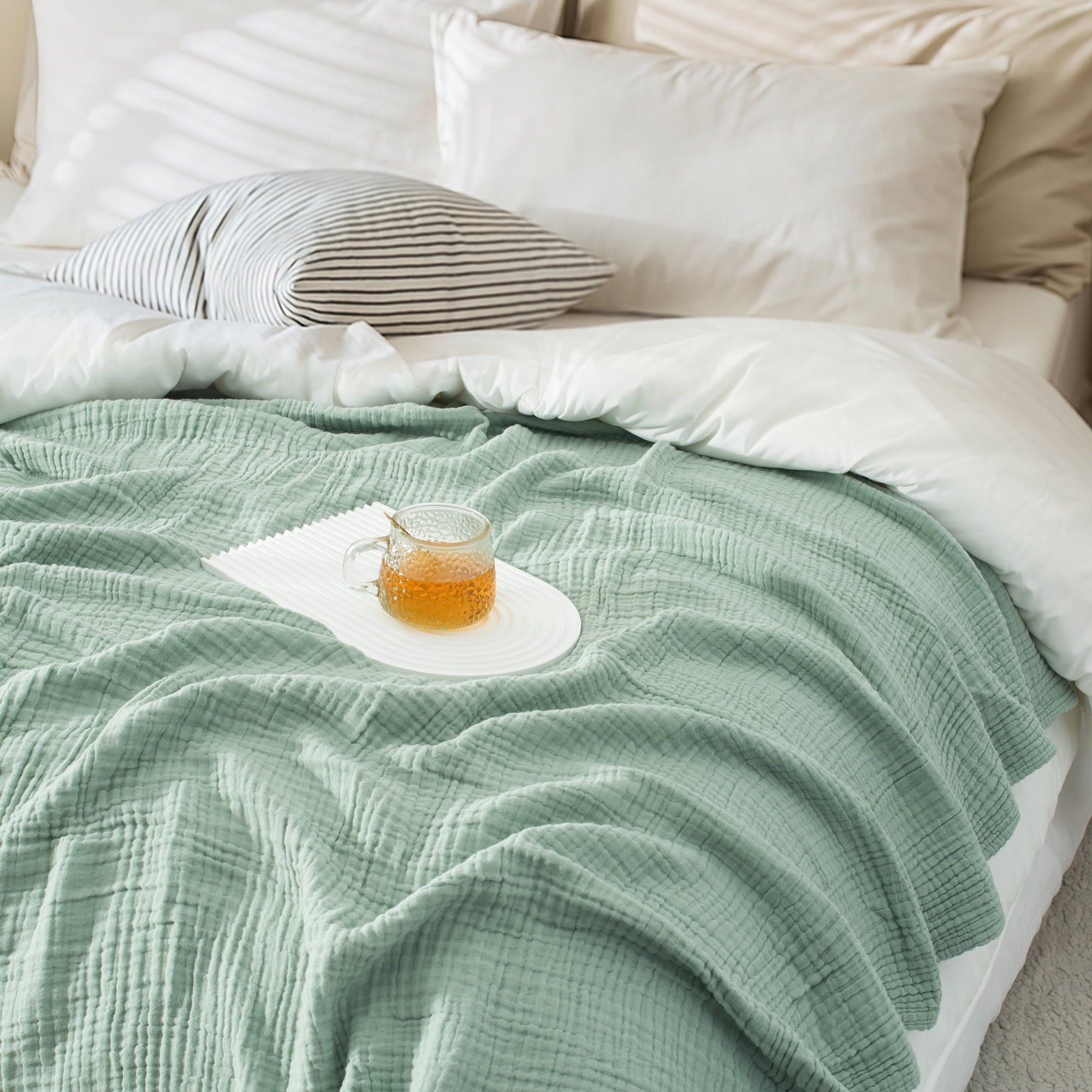 Carriediosa 100% Cotton Muslin Throw Blanket Gauze Blankets for Adults Soft Throws for Bed and Couch, 50" x 70" Sage Green - Image 3