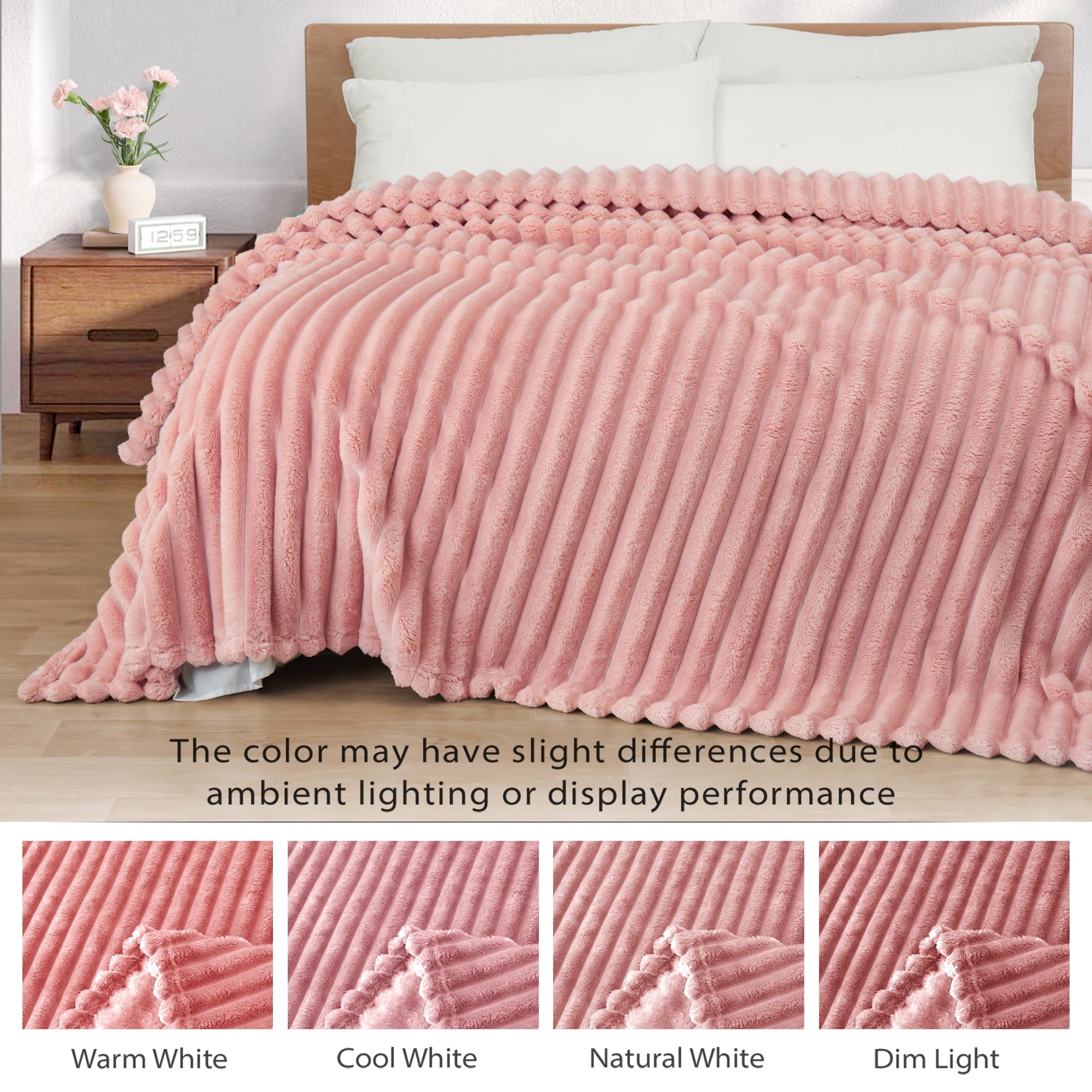 Exclusivo Mezcla Fleece Throw Blanket for Couch, Super Soft 3D Striped Jacquard Blanket, Lightweight Fuzzy Cozy Blankets, Pink, 50"x60" - Image 3