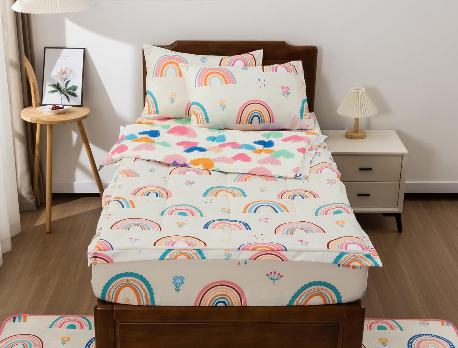 3-Piece Kids Comforter Set Twin Zipper Bedding for Girls, Rainbow Comforter with Flower Pattern (Beige) - Image 2