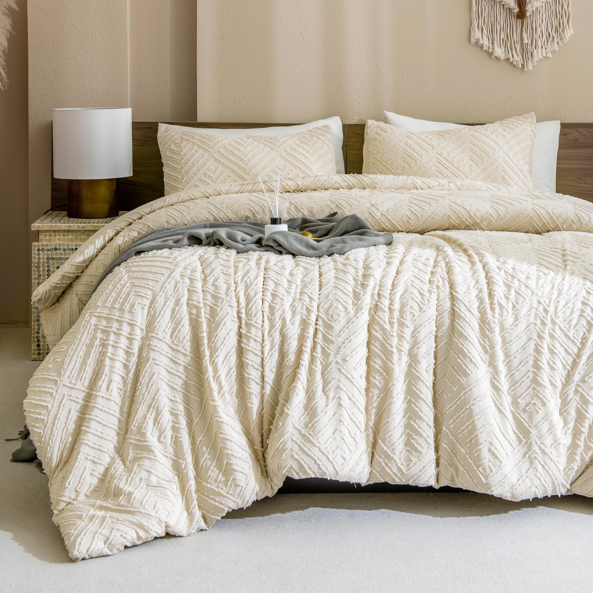 ANGENIA King Size Comforter Sets Beige - 3 Pieces Cream Boho Bedding Comforter Set for King Bed - Soft Fluffy Tufted Textured All Season Bed - Image 3
