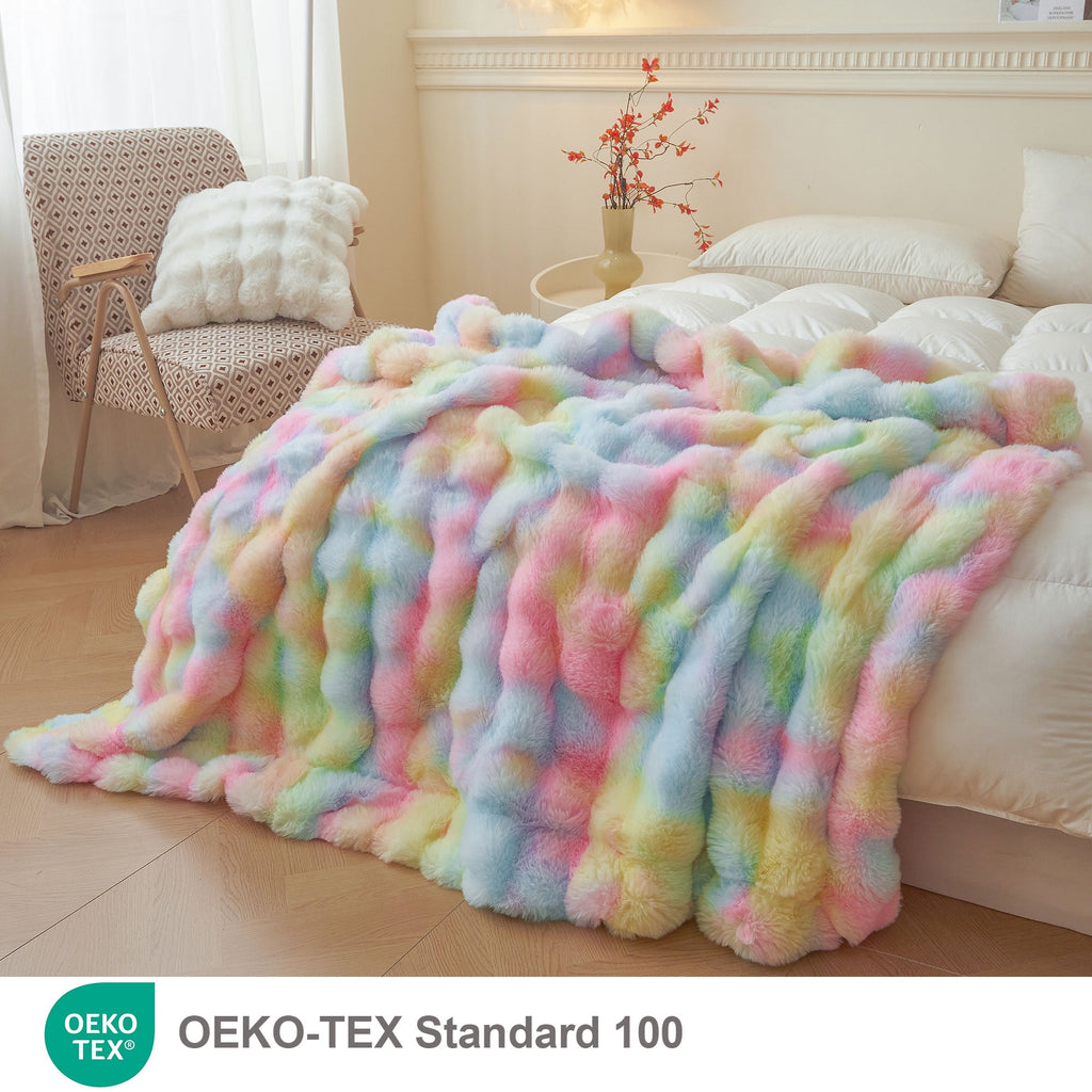 Fluffy Faux Rabbit Fur Bubble Throw, Rainbow Plush Shaggy Blanket for Couch Sofa Chair, Soft Tie Dye Furry Blanket Ad... - Image 2