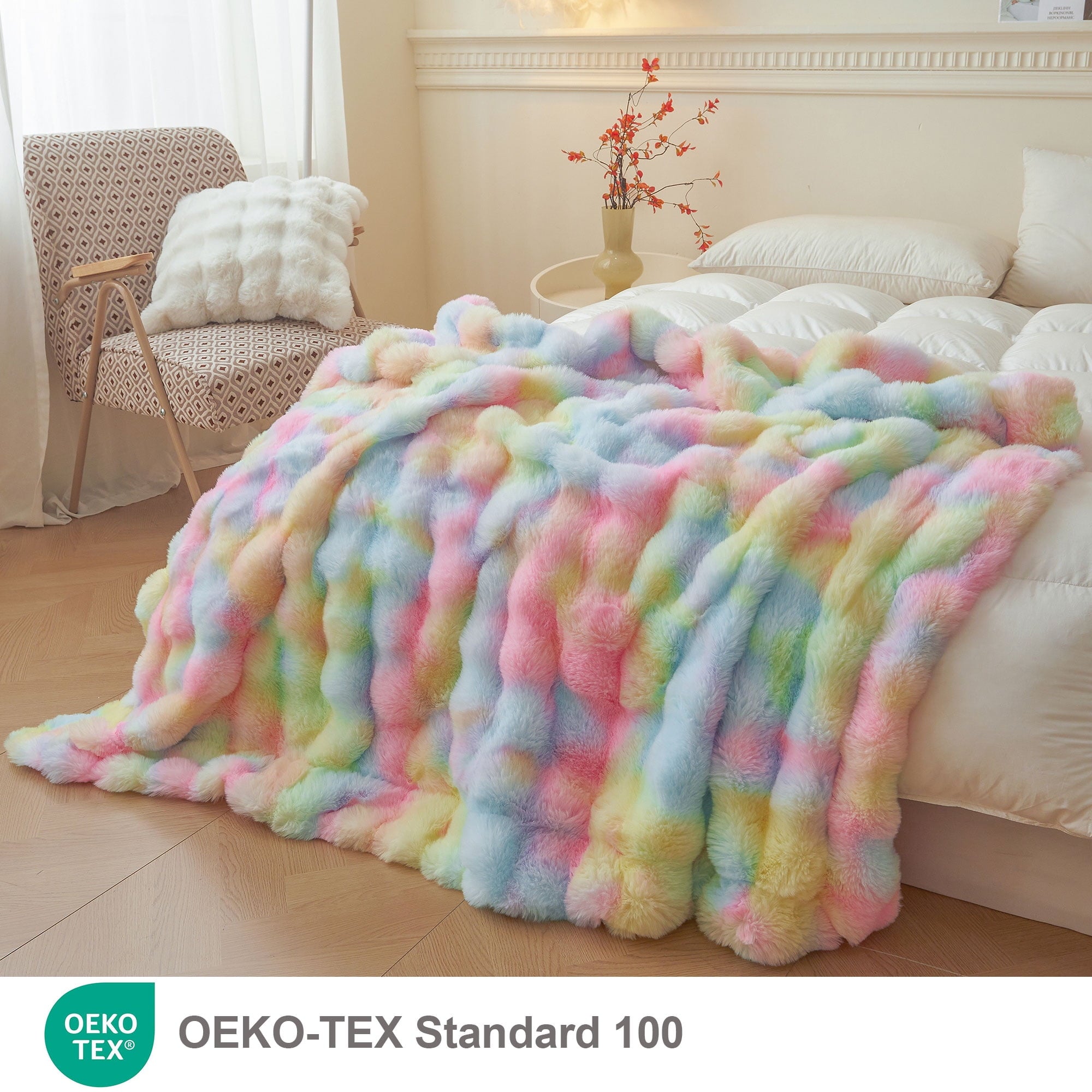 Fluffy Faux Rabbit Fur Bubble Throw, Rainbow Plush Shaggy Blanket for Couch Sofa Chair, Soft Tie Dye Furry Blanket Ad... - Image 2