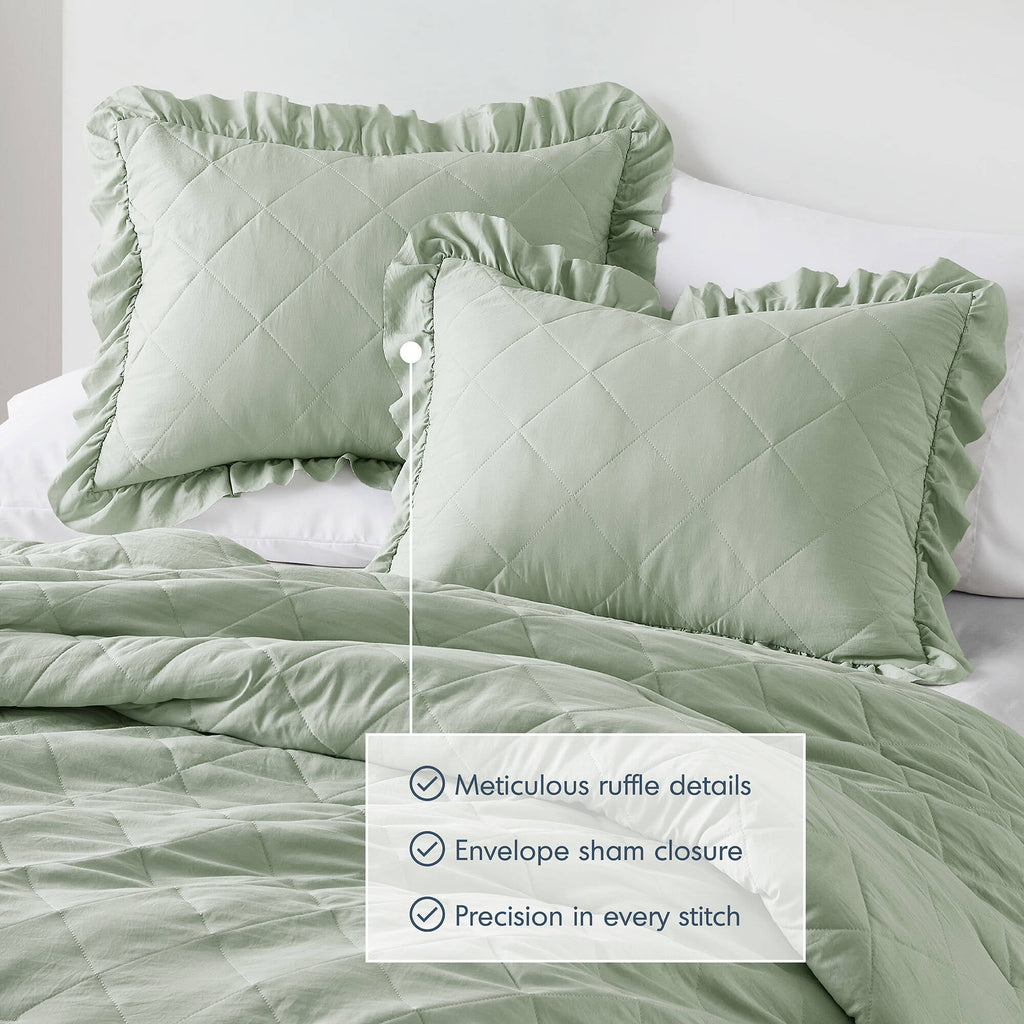 Full/Queen Comforter Set Sage, 3 Pieces Quilted Ruffle Comforters Full/Queen Size, Solid Bedding Comforters Sets, Gif... - Image 2