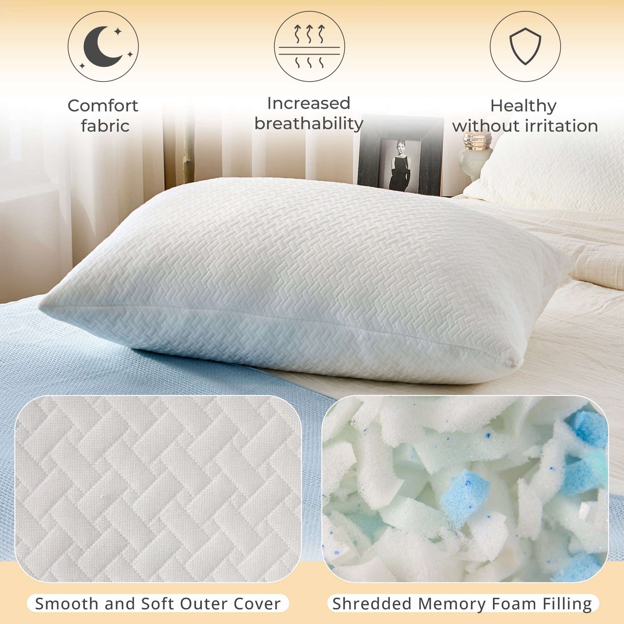 2 Pack Bed Pillow, Shredded Gel Memory Foam Pillow, Standard Queen, Medium, Made in USA - Image 4