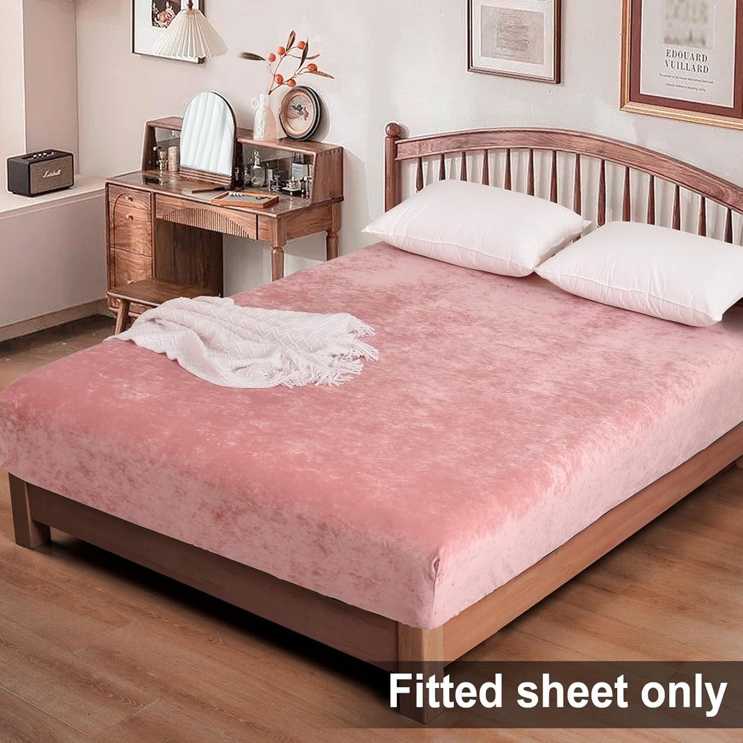 Truly Velvet Fitted Sheet Twin Size, Luxury Super Soft Flannel Bottom Sheet with 15" Deep Pocket for Winter, Pink - Image 2